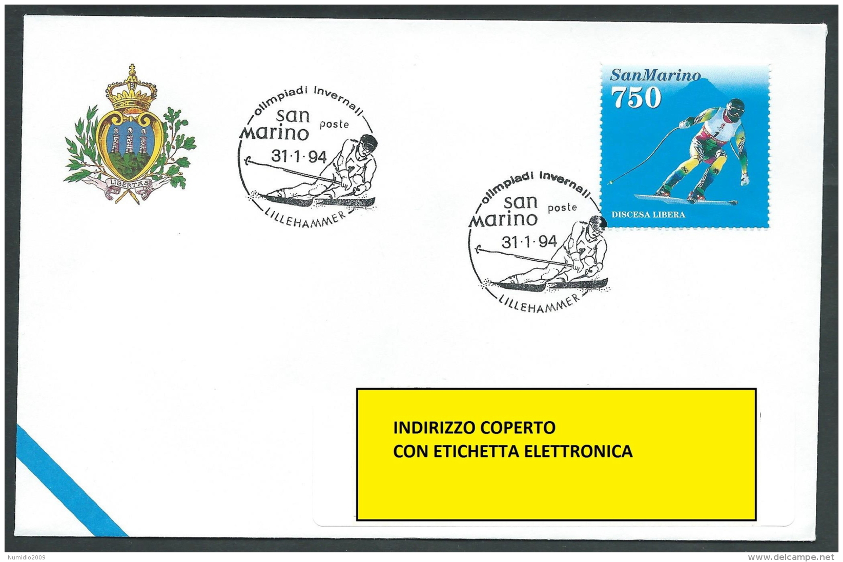 1994 SAN MARINO BUSTA SPECIALE OLIMPIADI INVERNALI NO TIMBRO ARRIVO - KS15 - FDC