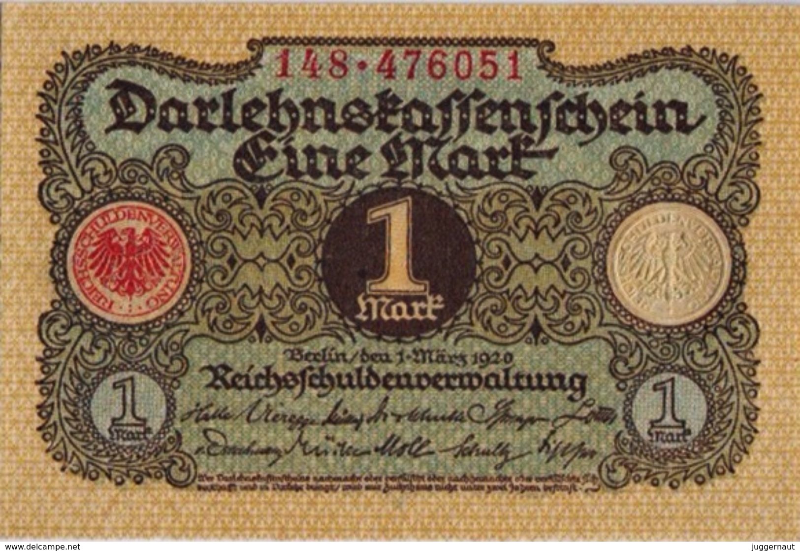 GERMANY 1 MARK REICHSBANKNOTE 1920 AD PICK NO.58 UNCIRCULATED UNC - 1 Mark