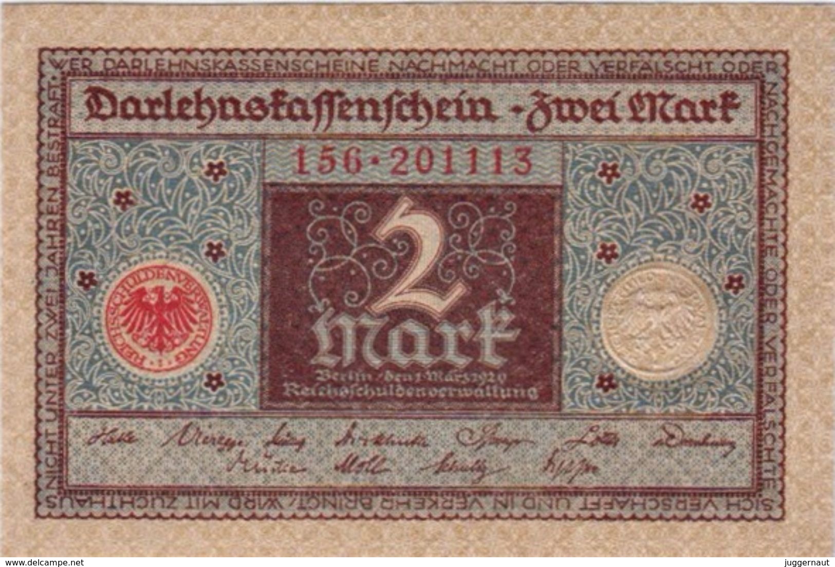 GERMANY 2 MARK REICHSBANKNOTE 1920 AD PICK NO.59 UNCIRCULATED UNC - 2 Mark