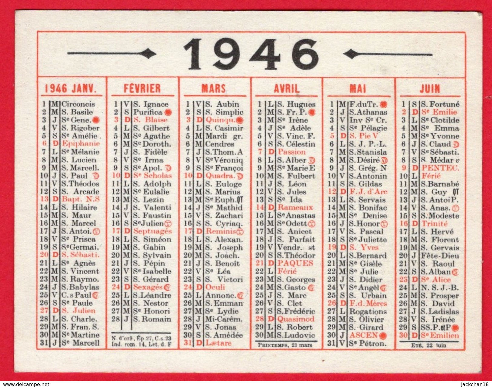 -- PETIT CALENDRIER OBERTHUR DE 1946 -- - Tamaño Pequeño : 1941-60