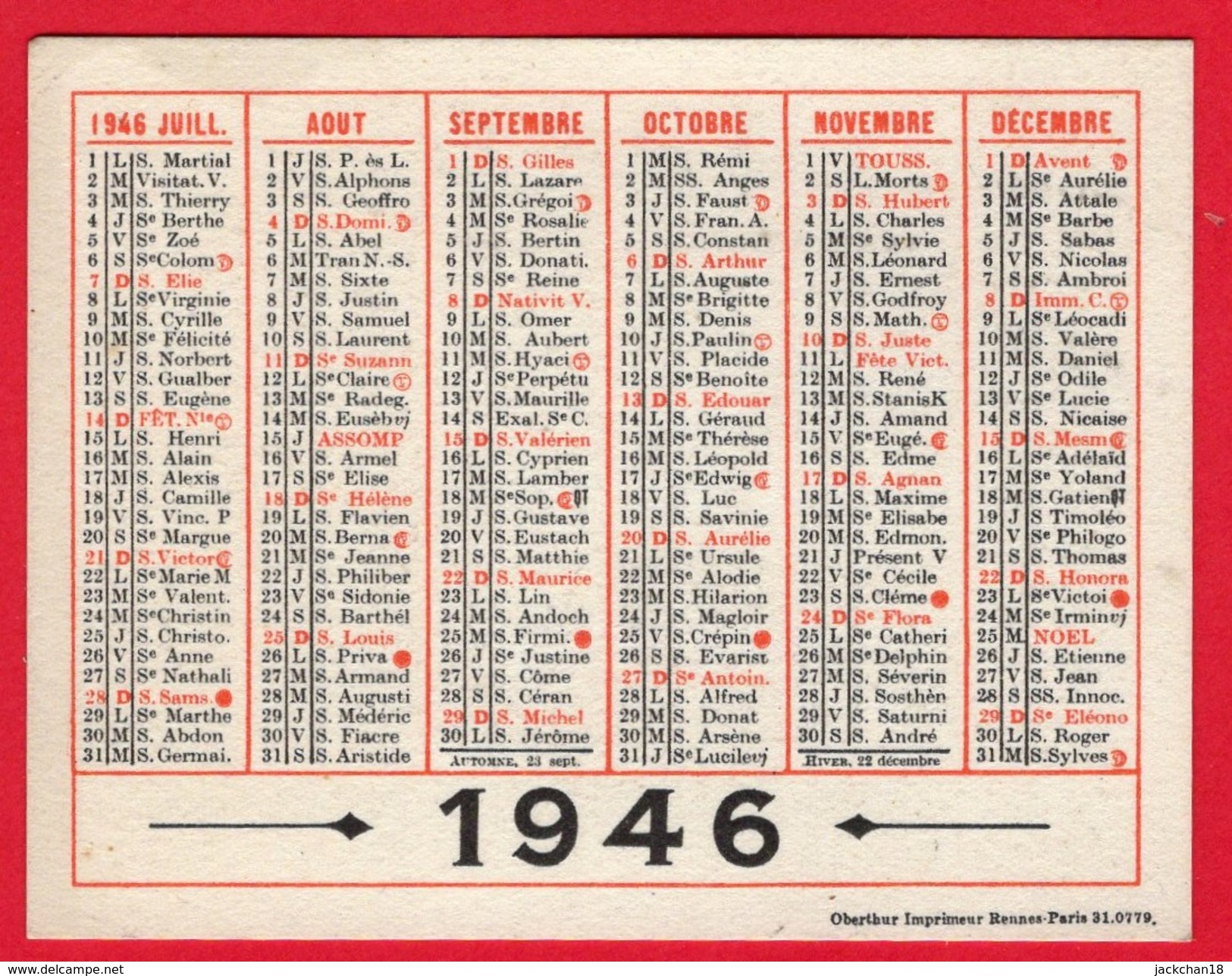 -- PETIT CALENDRIER OBERTHUR DE 1946 -- - Petit Format : 1941-60