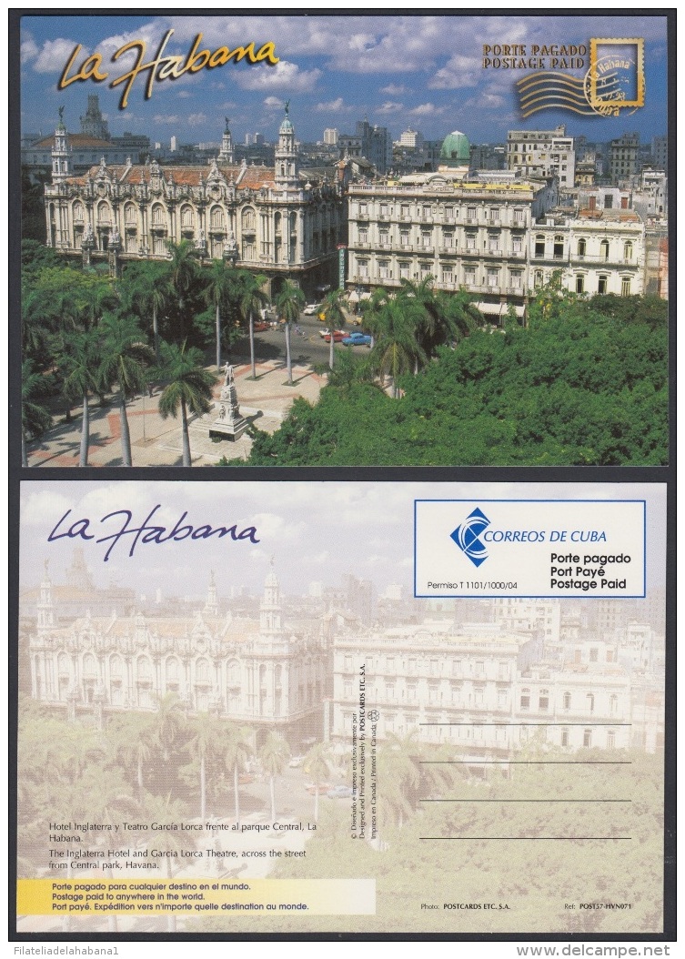 2004-EP-67 CUBA 2004. POSTAL STATIONERY. HABANA. HOTEL INGLATERRA. TEATRO GARCIA LORCA. PARQUE CENTAL. VISTAS TURISTICAS - Covers & Documents