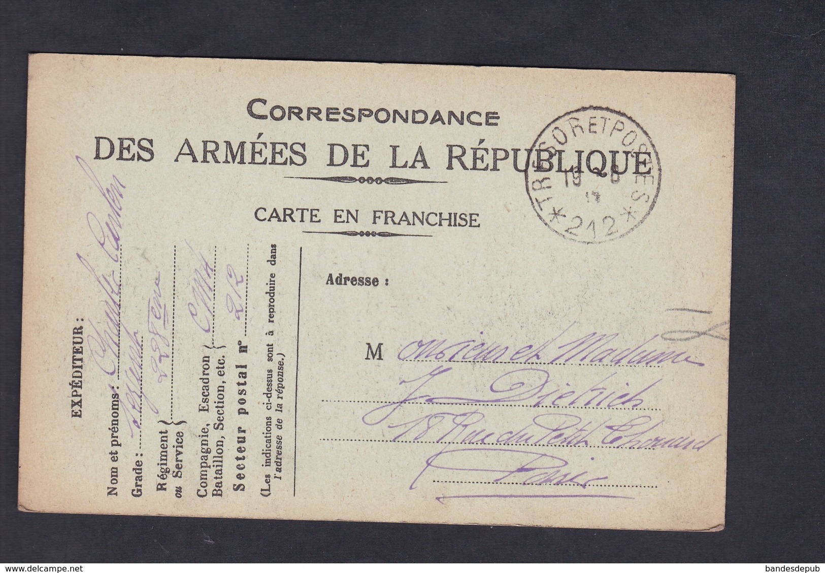 Carte Franchise Militaire Guerre 14-18 Correspondance Armées De Republique Charles Carlen Sergent Au 228 228è Regiment - Lettres & Documents