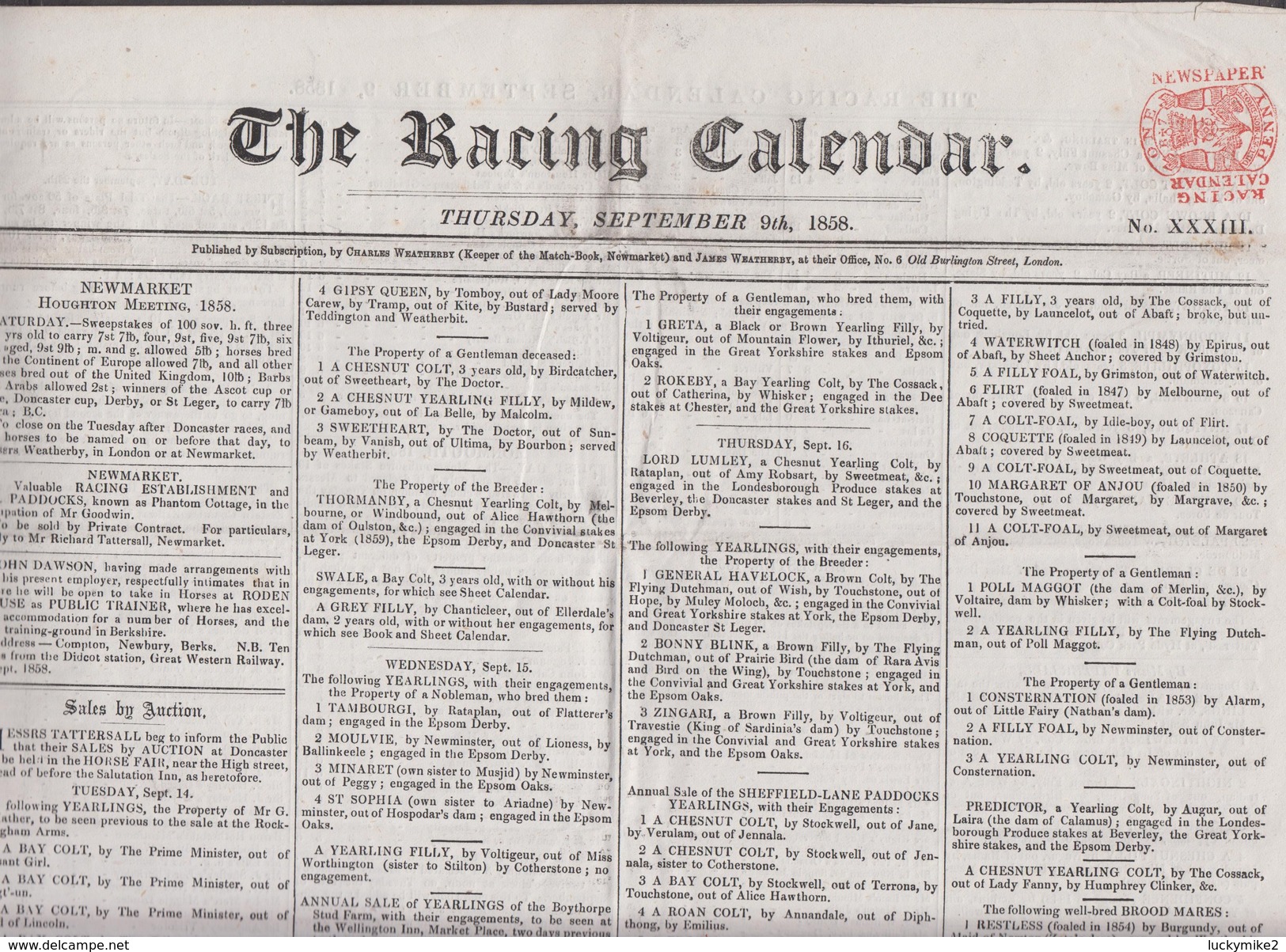 1858 (Sept 9th) Racing Newspaper With 1d Tax Stamp. Excellent Condition.  Ref 0662 - Historical Documents