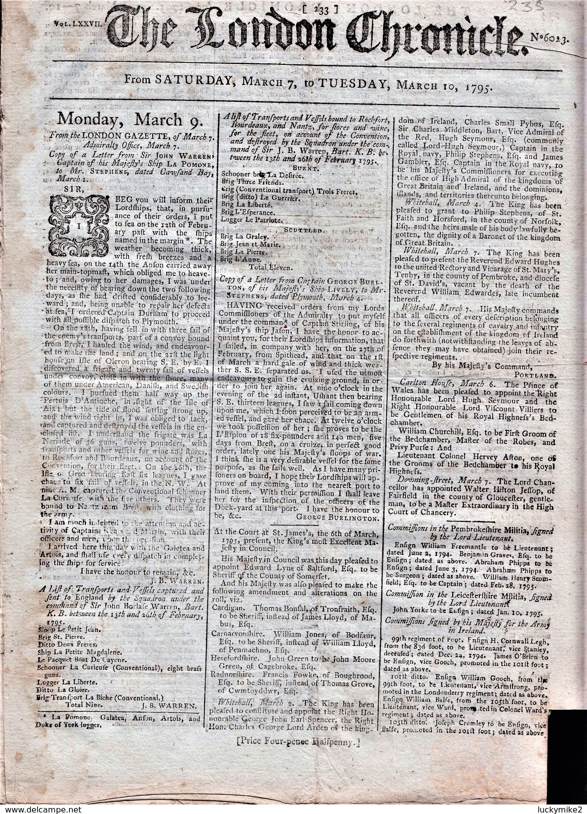 The London Chronicle  March 7 - 10 1795. Reasonably Good Condition. Contains An Article On The Franking System! - Ohne Zuordnung