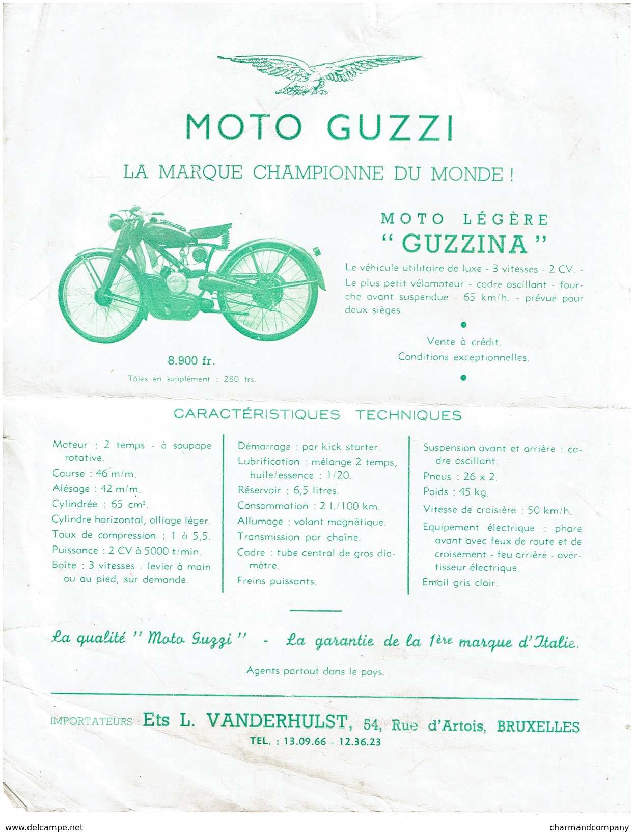 C1950 Publicité MOTO GUZZI - Guzzina - Ets L. Vanderhulst, Bruxelles - 3 Scans - Motos