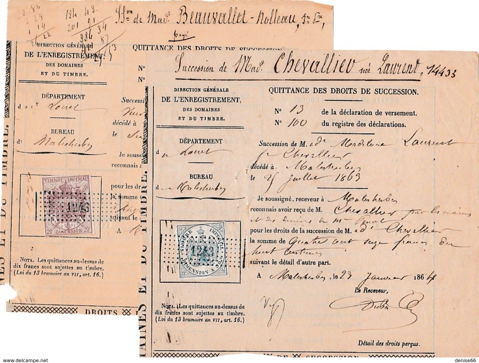 1864/1867 - Lot De 2  "TIMBRE IMPÉRIAL DE DIMENSION " De 20 Et 50 C. - Historical Documents