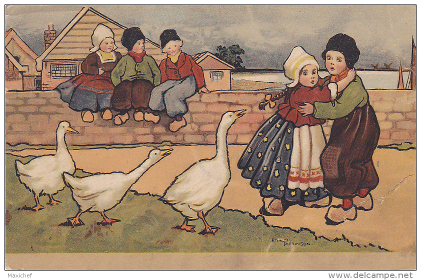 Carte Illustrée Par Ethel Parkinson - Jeune Fille Apeurée, Dans Les Bras D'un Garçon, Quand Les Oies La Soufflent - Parkinson, Ethel