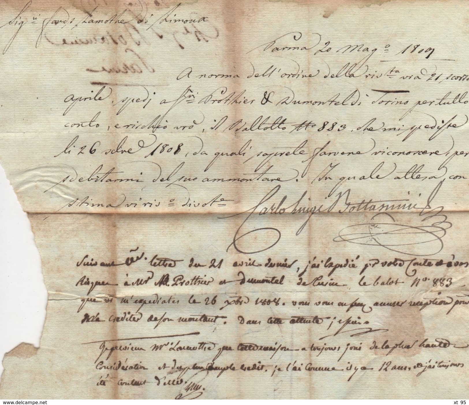 Parme - Destination Limoux - Courrier De 1809 - Parma