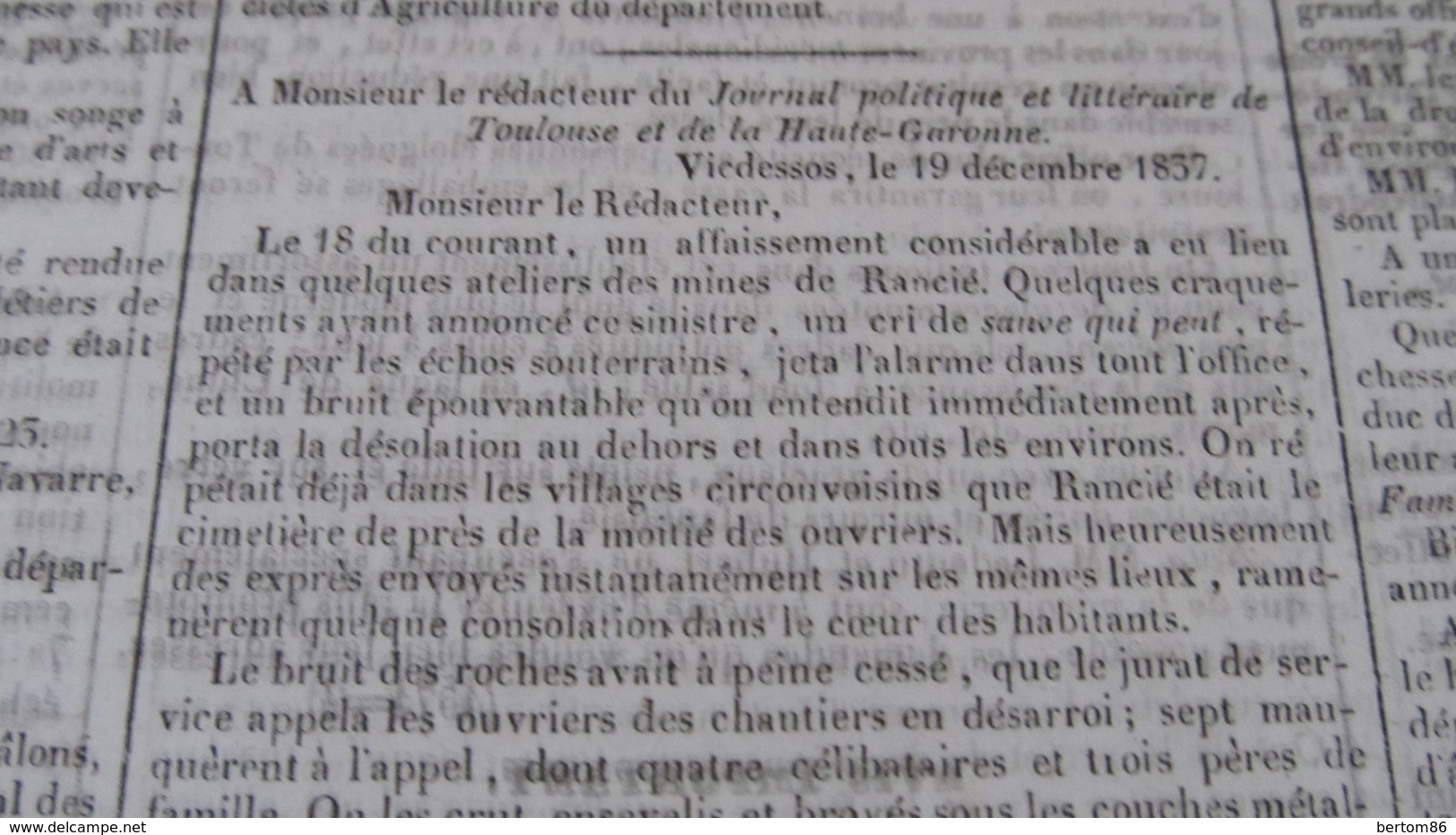 ARIEGE - VICDESSOS - MINES DE RANCIE - LE SINISTRE DE 1837. ( JOURNAL DE TOULOUSE ). - 1800 - 1849