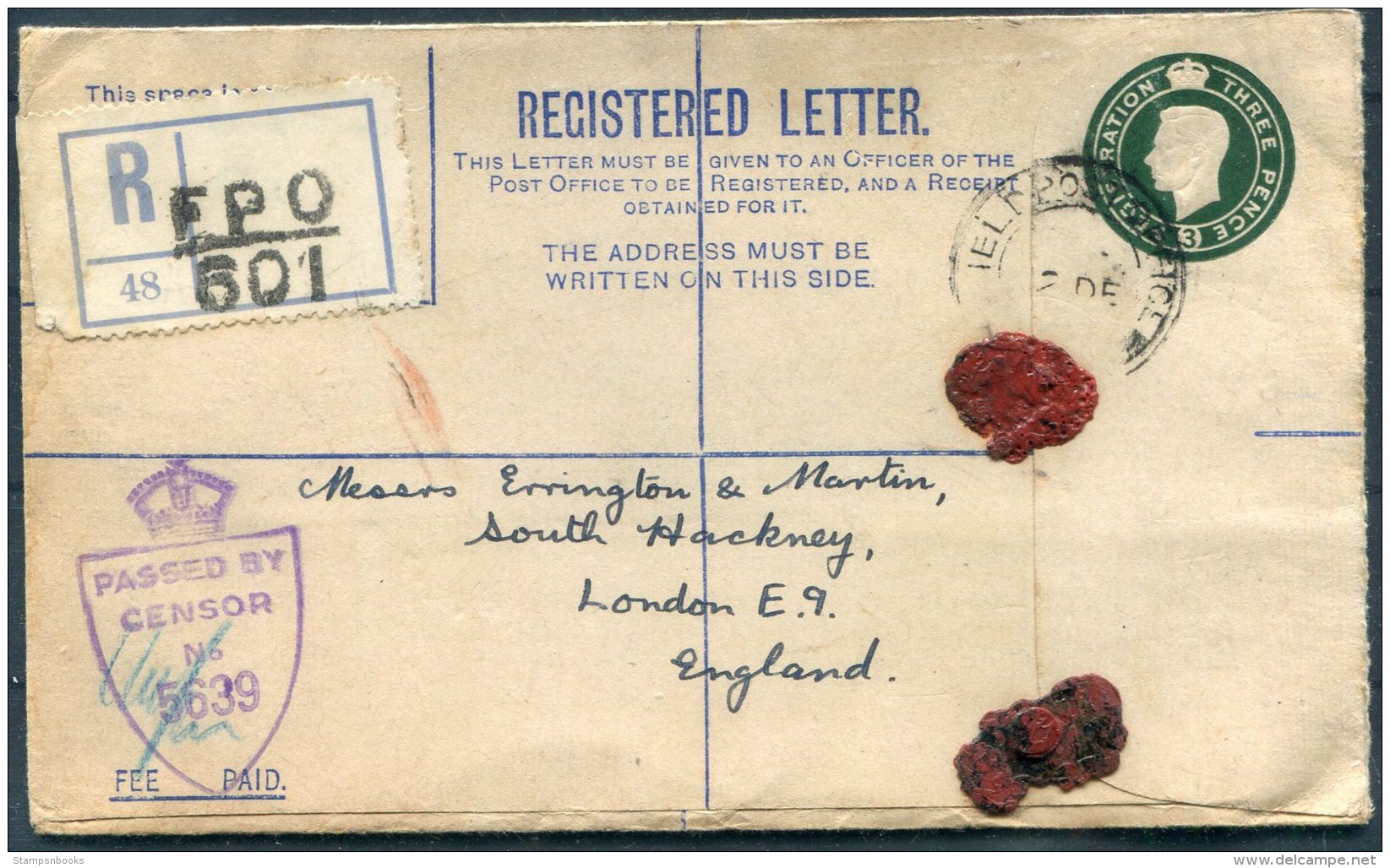 WW2 GB FPO Registered Letter Censor Cover,Field Post Office - South Hackney, London - Covers & Documents