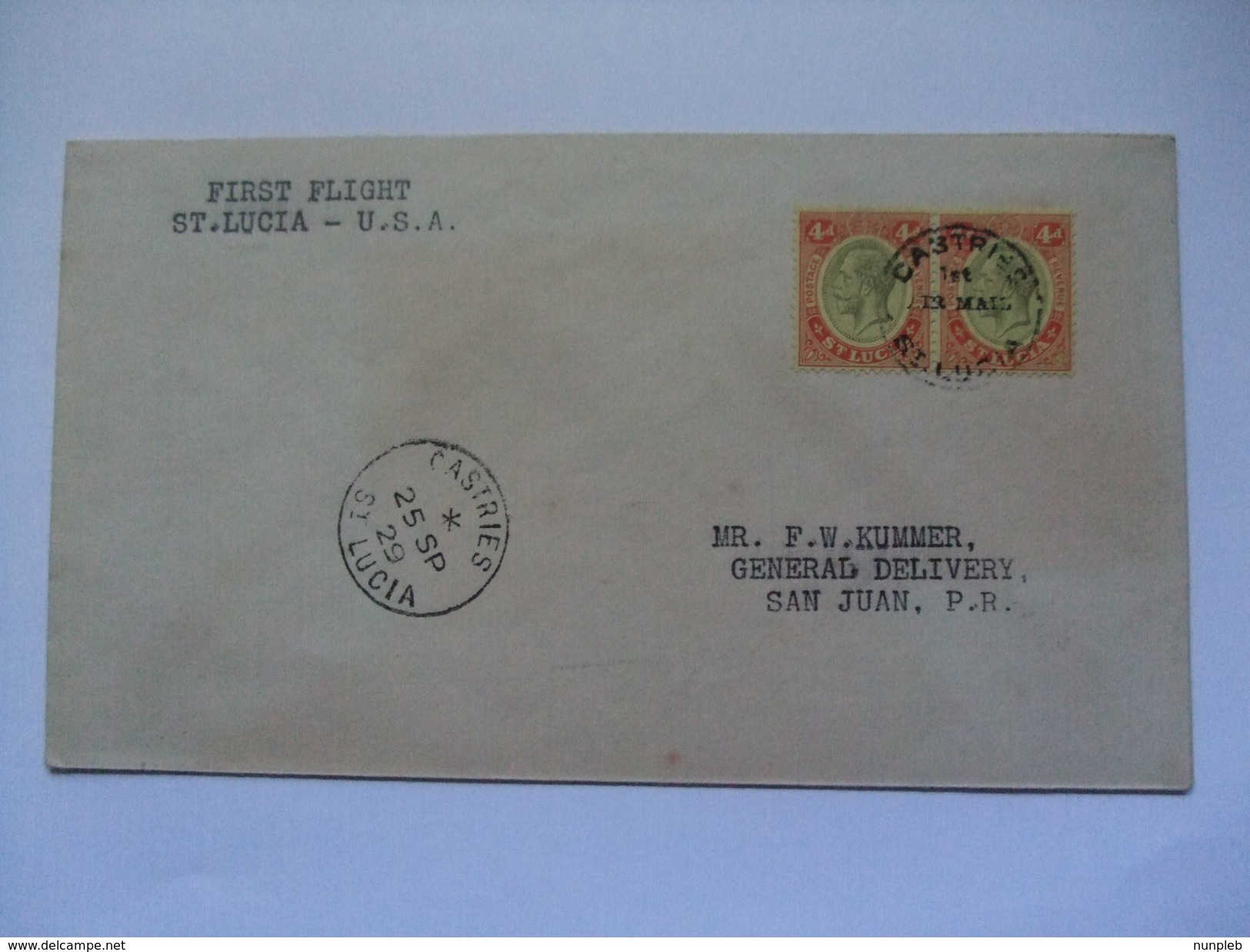 SAINT LUCIA - 1929 First Flight Cover - U.S.A.  - Castries To San Juan Puerto Rico - St.Lucia (...-1978)