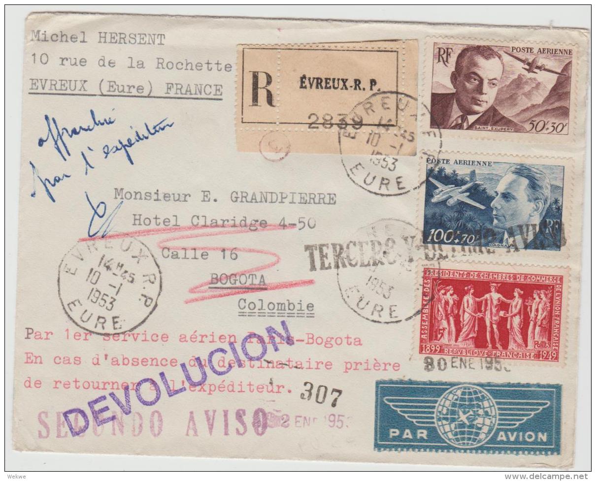 FS850 /  Frankreich, Flug Paris-Bogota 1953 Und Zurückgesandt. Diverse Stempel - 1921-1960: Moderne