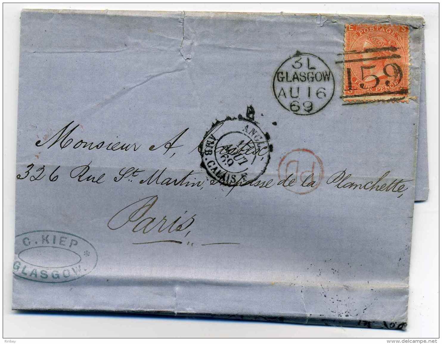 Lettre De GLASGOW / Ecosse - Grande Bretagne /  Marque D'entrée En France ANGLETERRE Par AMBULANT CALAIS / 1869 - 1849-1876: Période Classique