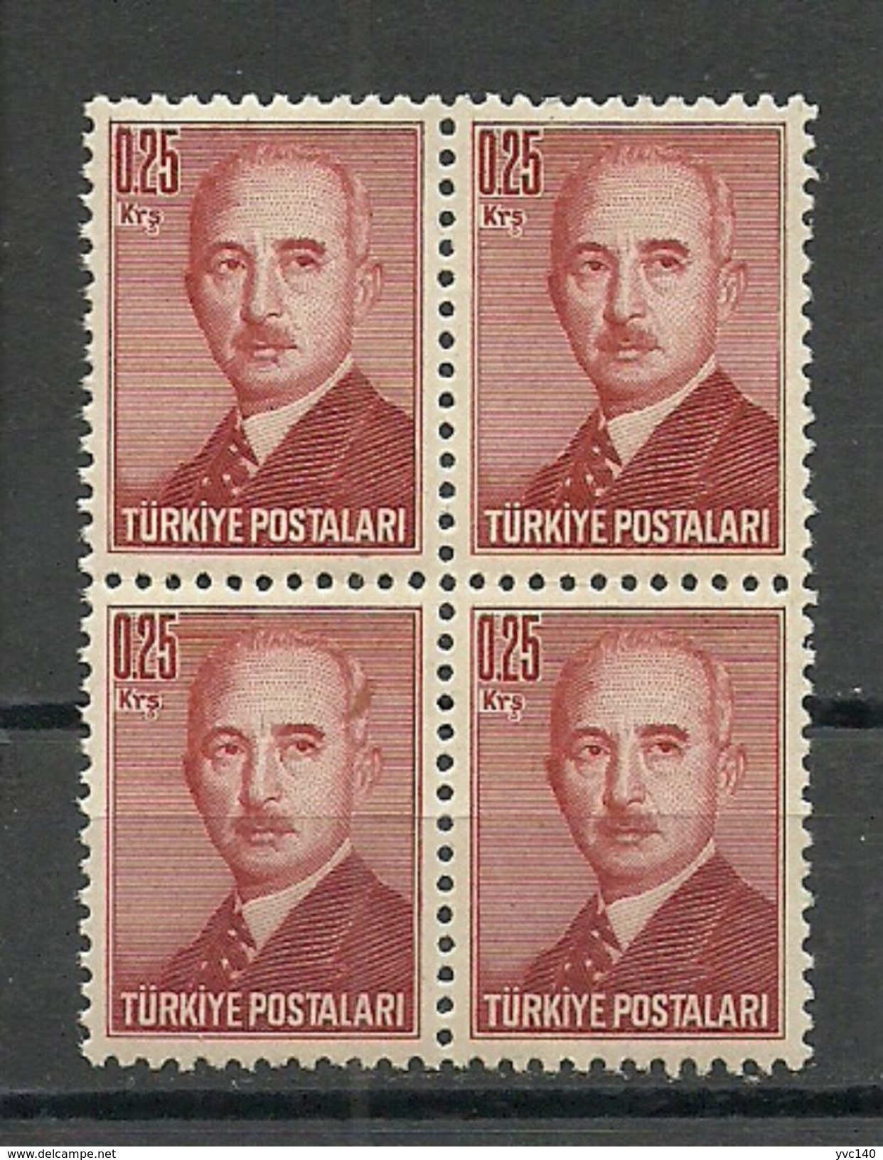 Turkey; 1948 London Printing Inonu Postage Stamp 0.25 K. (Block Of 4) - Neufs