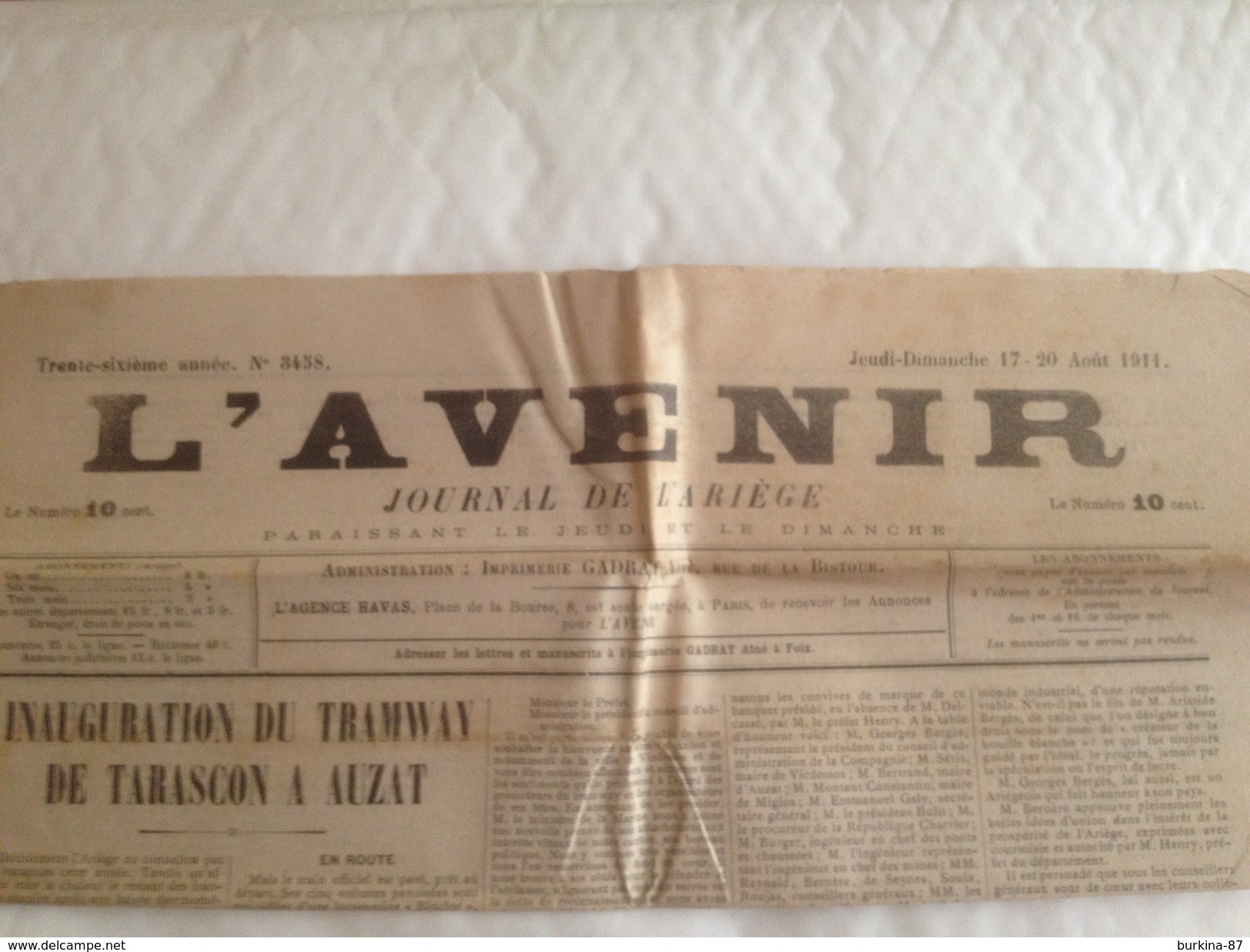 L'AVENIR, Journal De,  L'ARIEGE, Aout 1911 - Autres & Non Classés