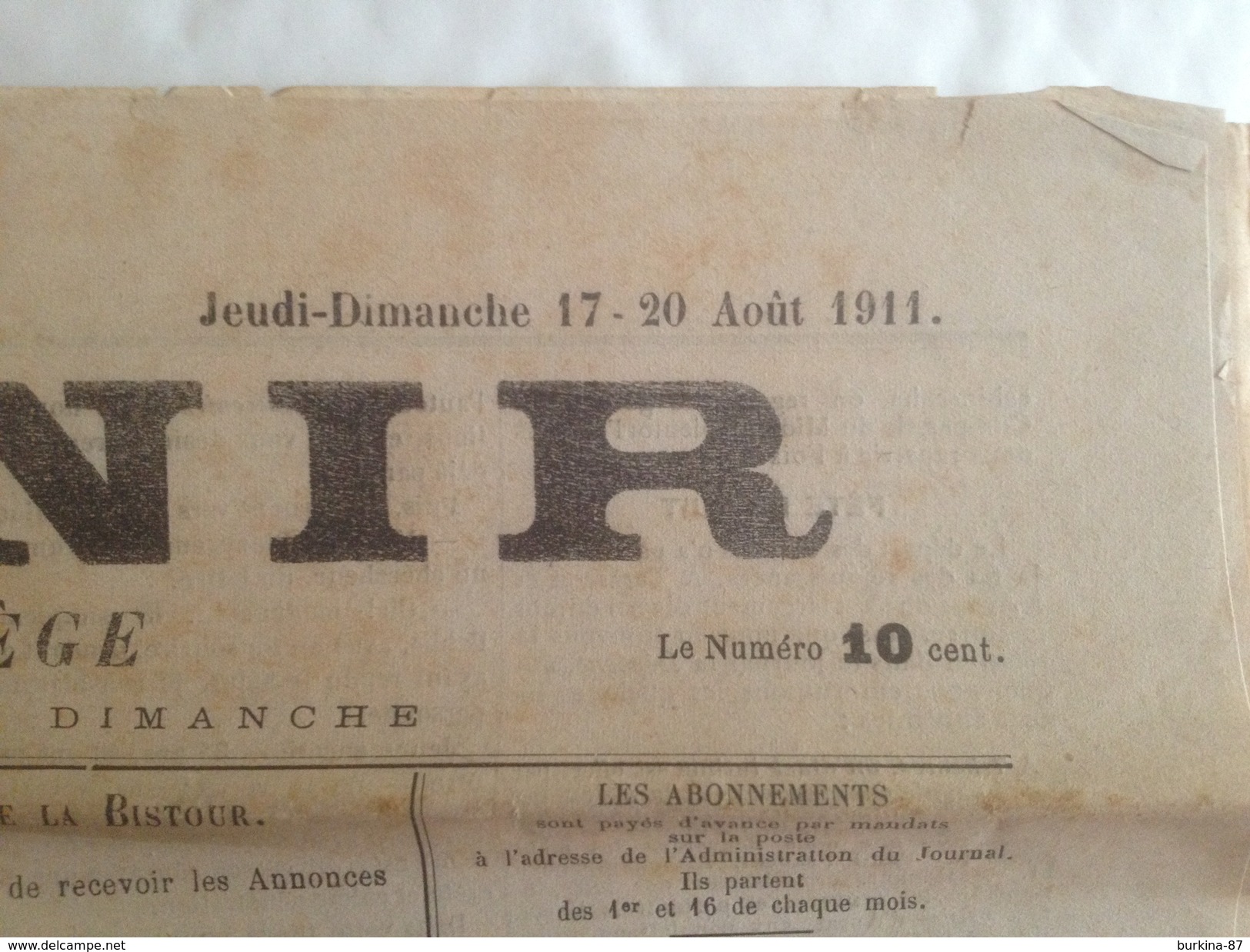 L'AVENIR, Journal De,  L'ARIEGE, Aout 1911 - Autres & Non Classés