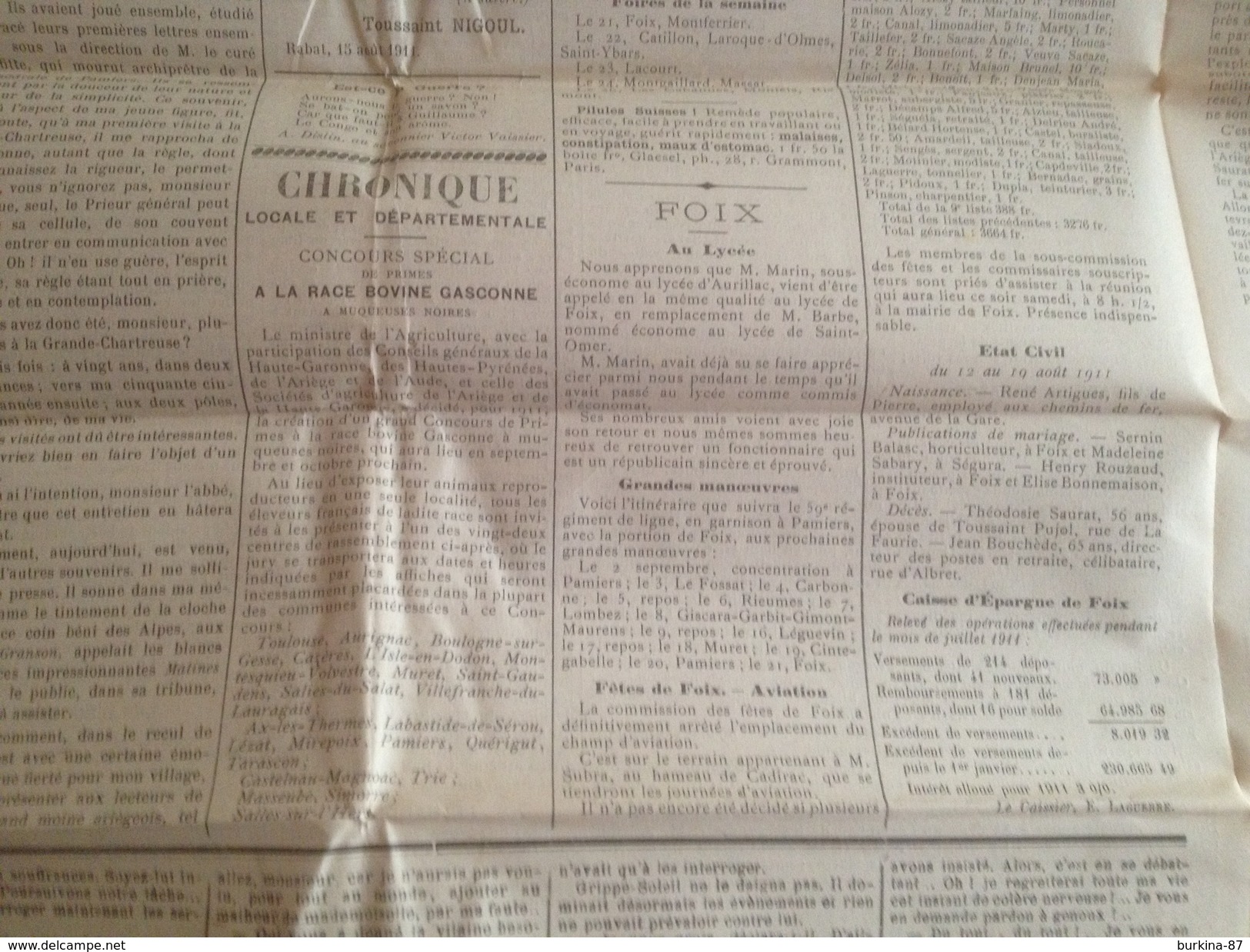 L'AVENIR, Journal De,  L'ARIEGE, Aout 1911 - Autres & Non Classés