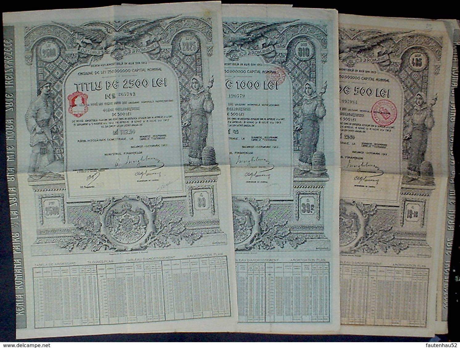 3 X Romania Roumanian Public Dept Gold Loan Of 500 - 2500 Lei Aur, 19,16 Pound Sterling, Bukarest 1913 Uncancelled - Banque & Assurance