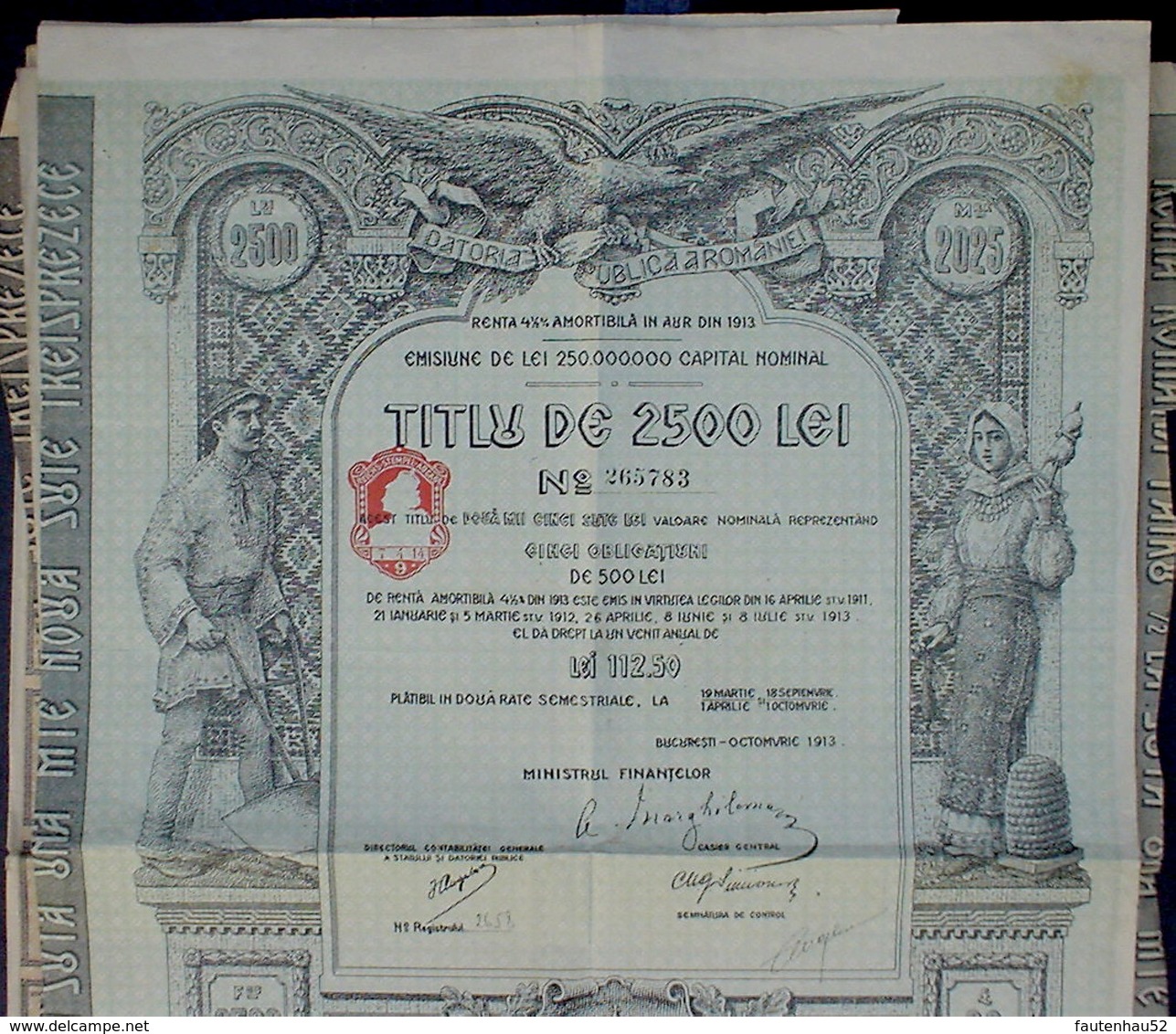 3 X Romania Roumanian Public Dept Gold Loan Of 500 - 2500 Lei Aur, 19,16 Pound Sterling, Bukarest 1913 Uncancelled - Banque & Assurance