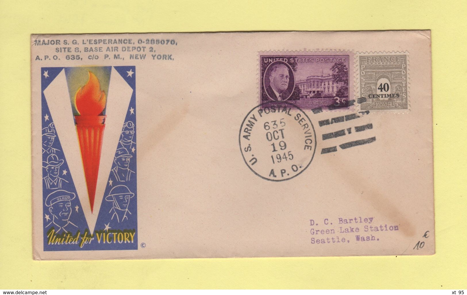 APO 635 - US Postal Army Service - 19 Oct 1945 - Mixte US France - United For Victory - Guerra Del 1939-45