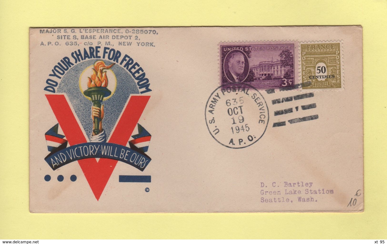 APO 635 - US Postal Army Service - 19 Oct 1945 - Mixte US France - Do Your Share For Freedom And Victory Will Be Ours - Oorlog 1939-45