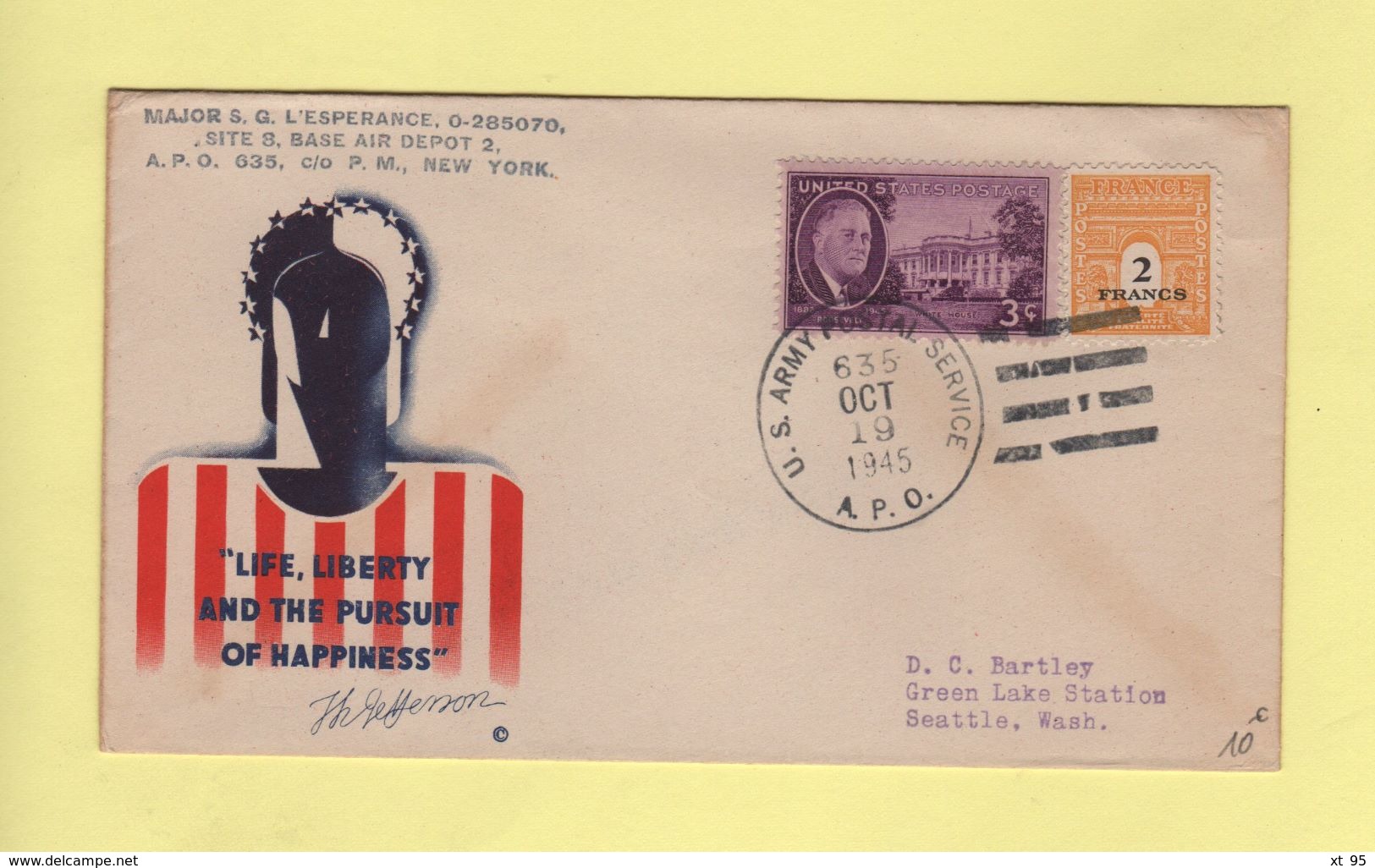 APO 635 - US Postal Army Service - 19 Oct 1945 - Mixte US France - Life Liberty And Pursuit Of Happiness - Guerre De 1939-45