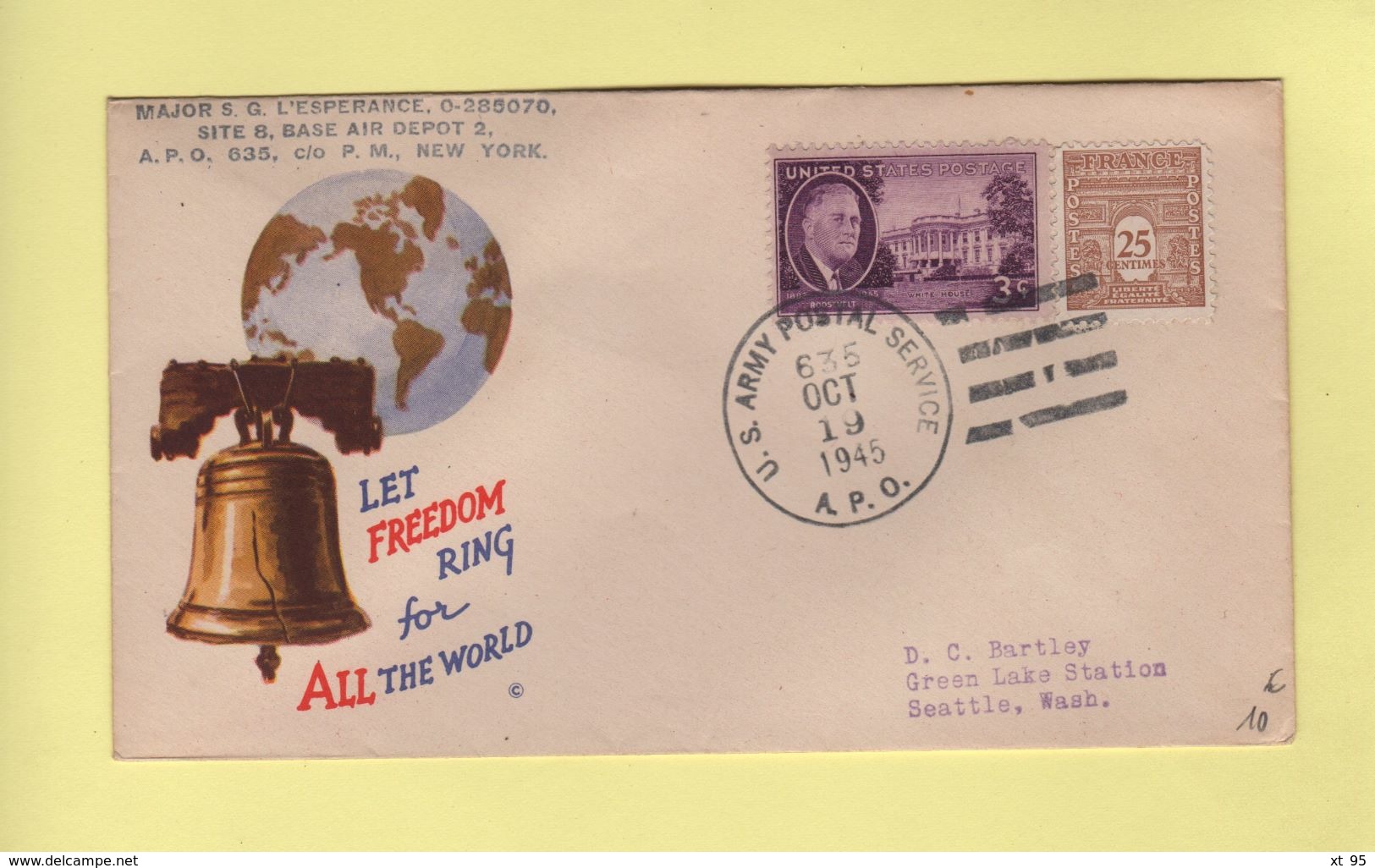 APO 635 - US Postal Army Service - 19 Oct 1945 - Mixte US France - Let Freedom Ring For All The World - WW II