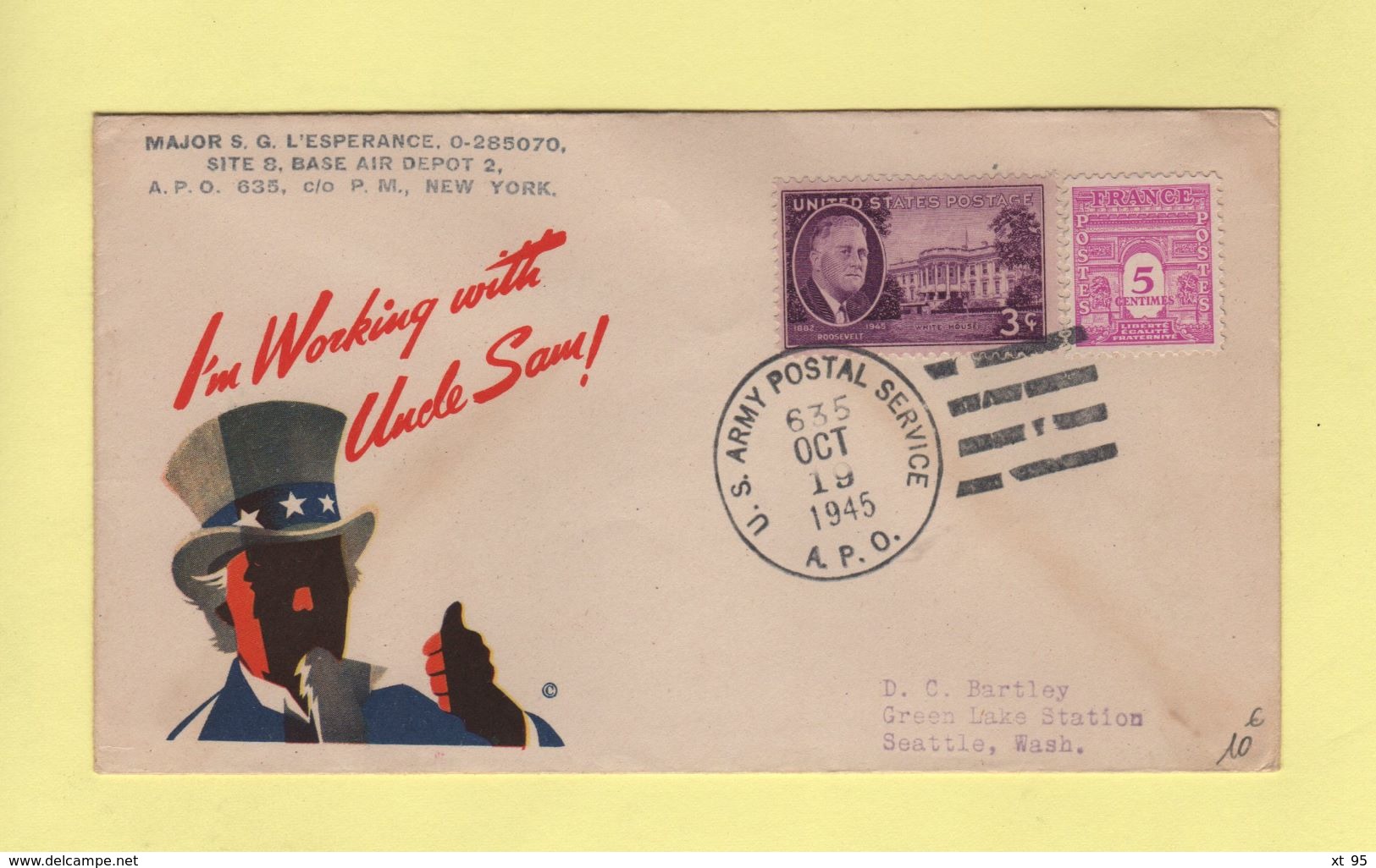 APO 635 - US Postal Army Service - 19 Oct 1945 - Mixte US France - I'm Working With Uncle Sam - 2. Weltkrieg 1939-1945