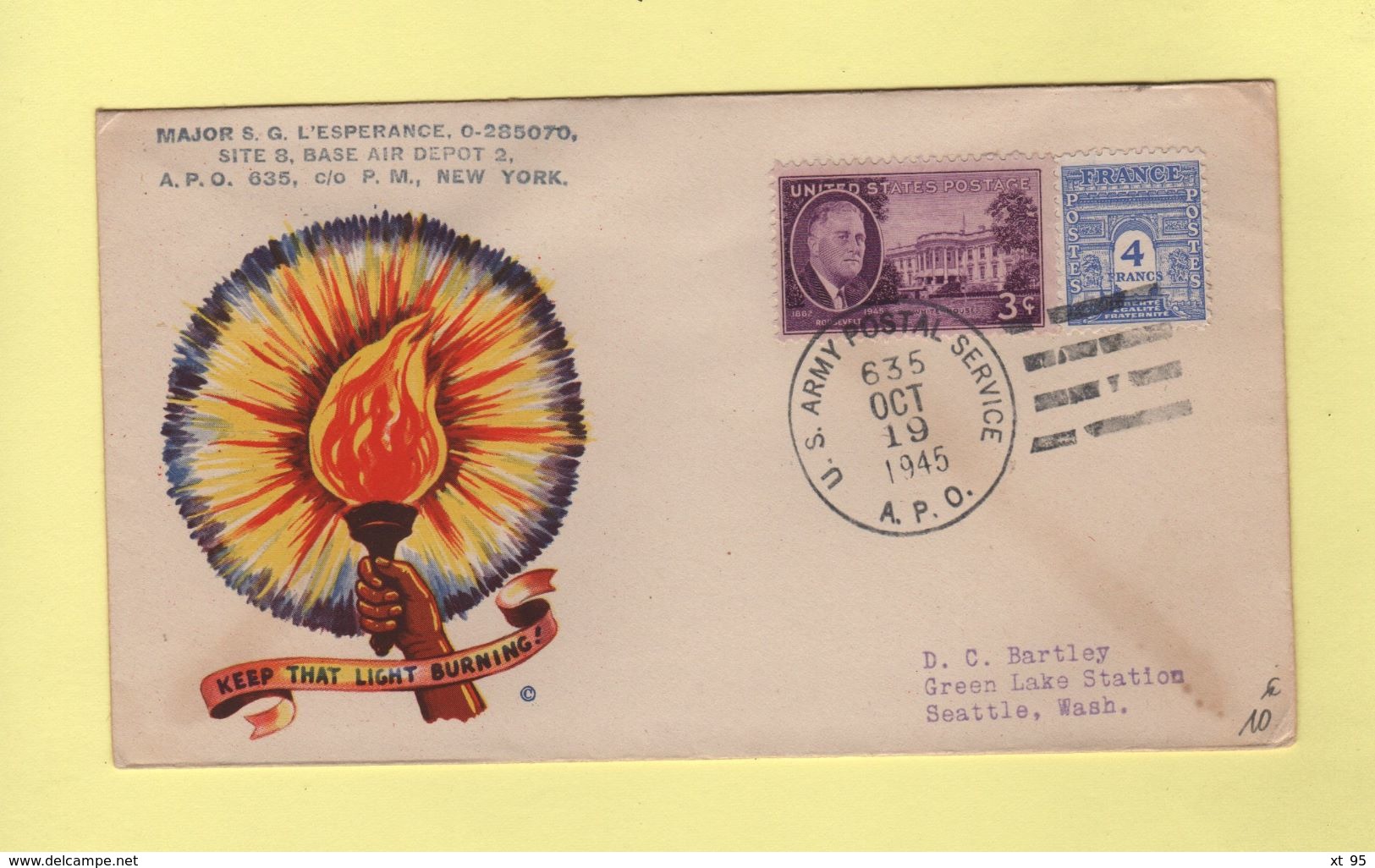 APO 635 - US Postal Army Service - 19 Oct 1945 - Mixte US France - Keep The Light Burning - Oorlog 1939-45