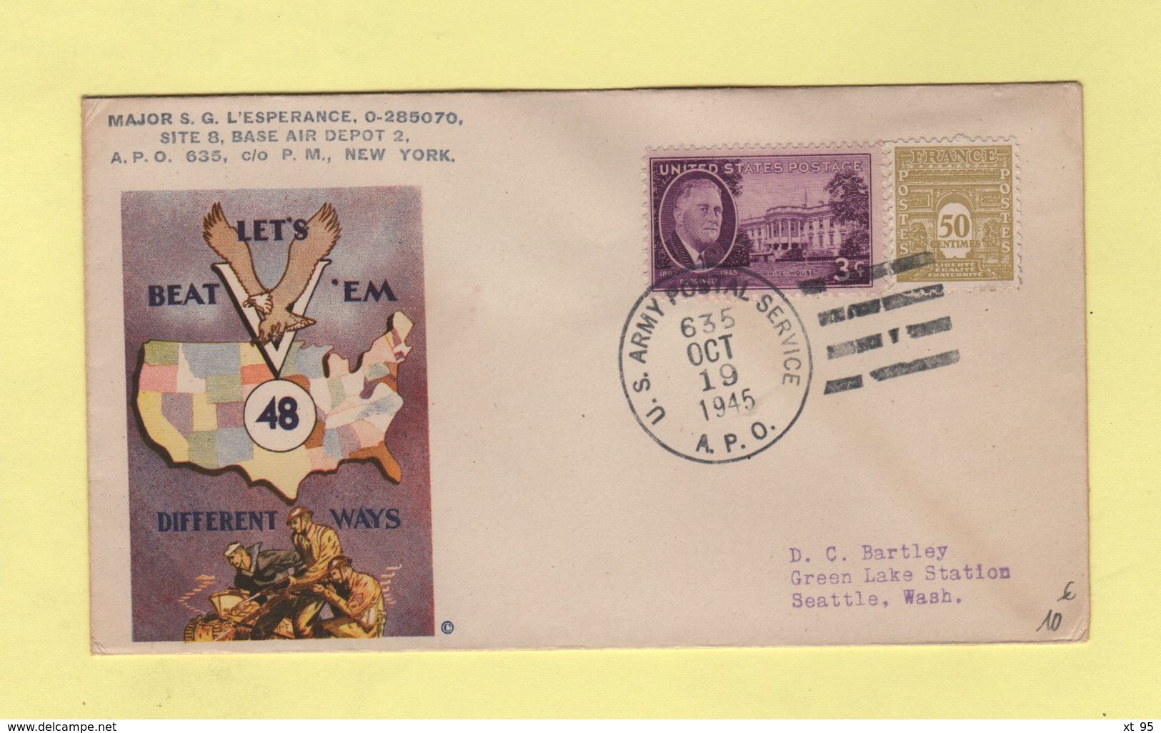 APO 635 - US Postal Army Service - 19 Oct 1945 - Mixte US France - Let's Beat'em Different Ways - Guerra Del 1939-45