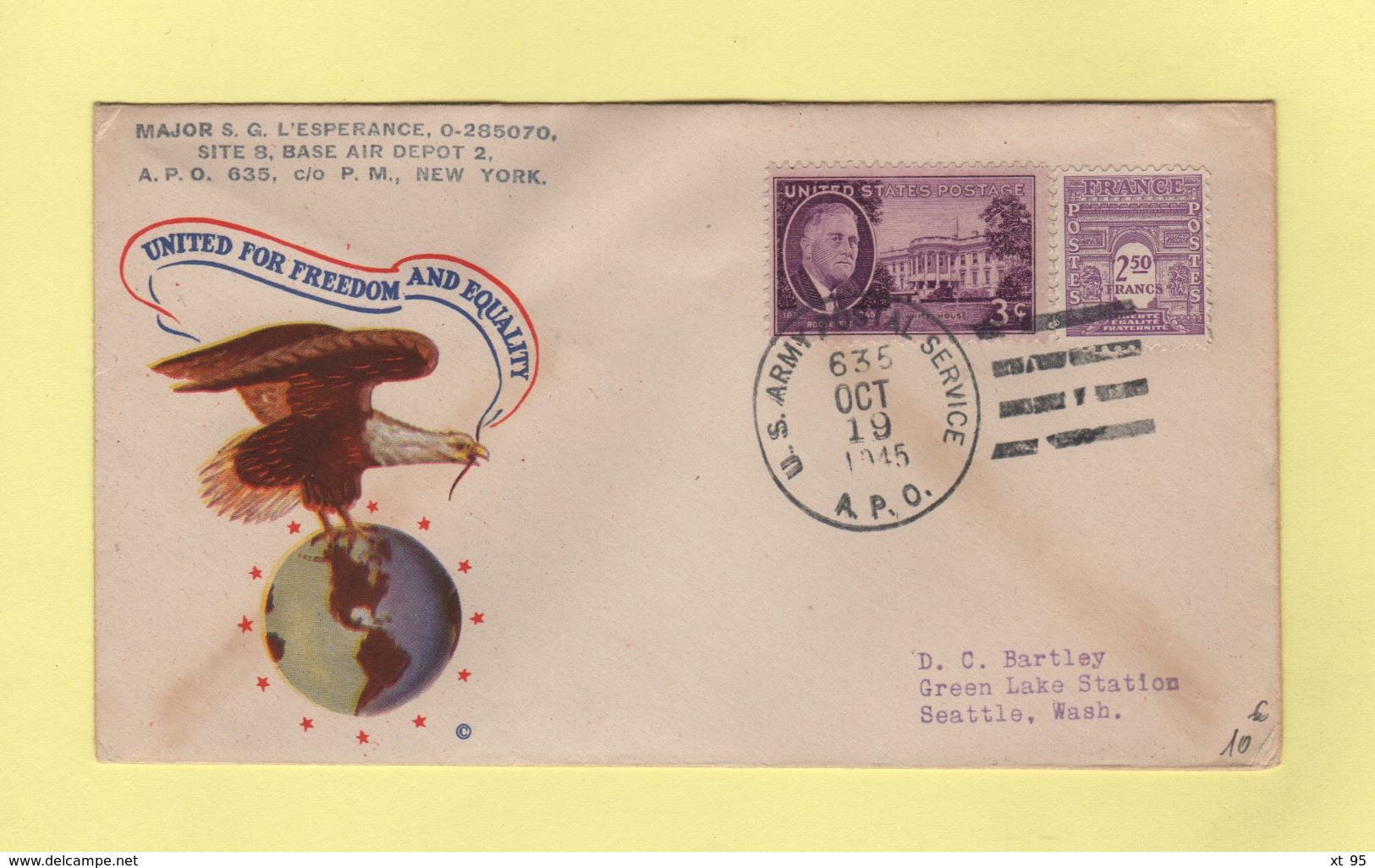 APO 635 - US Postal Army Service - 19 Oct 1945 - Mixte US France - United For Freedom And Equality - Guerra De 1939-45