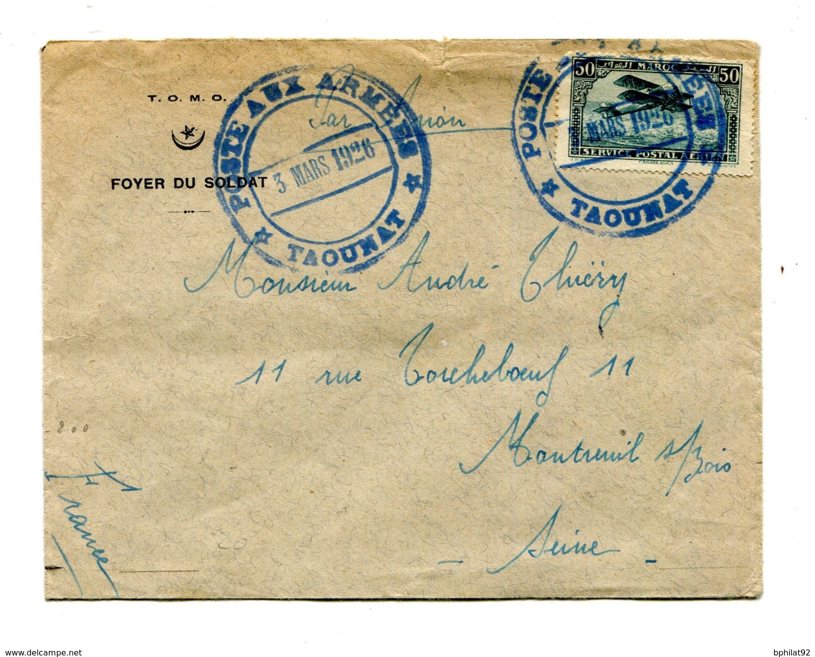 !!! MAROC : CACHET BLEU "POSTES AUX ARMEES - TAOUNAT 3 MARS 1926" SUR LETTRE POUR LA FRANCE - Lettres & Documents