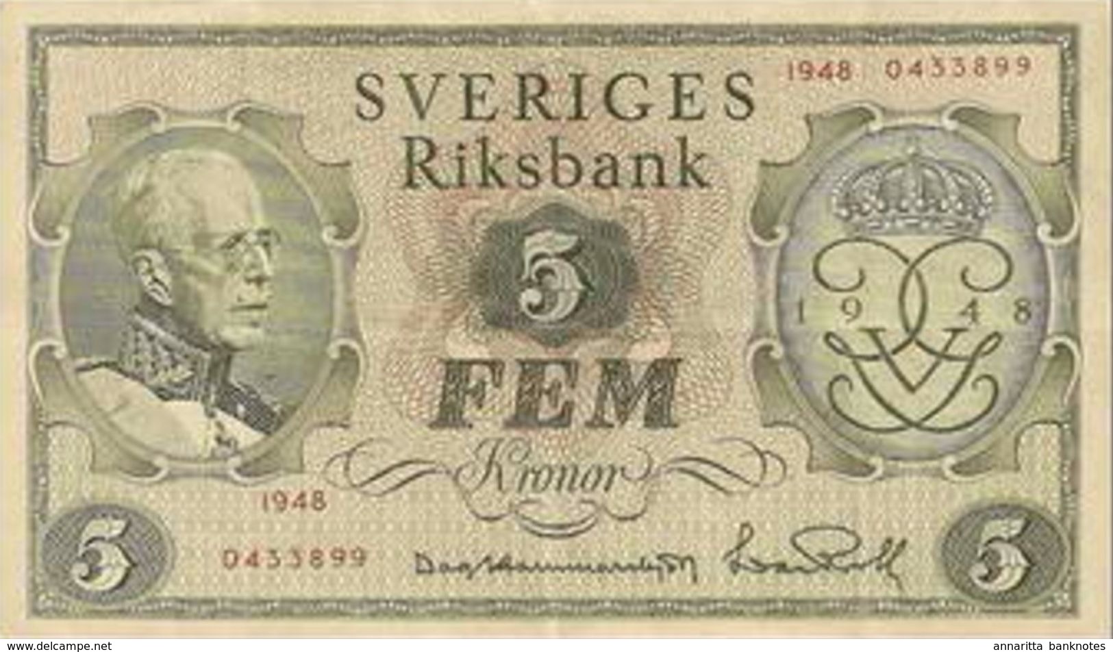 SWEDEN 5 KORONOR 1948 P-41a VF COMMEMORATIVE RARE ! [SE41] - Suède