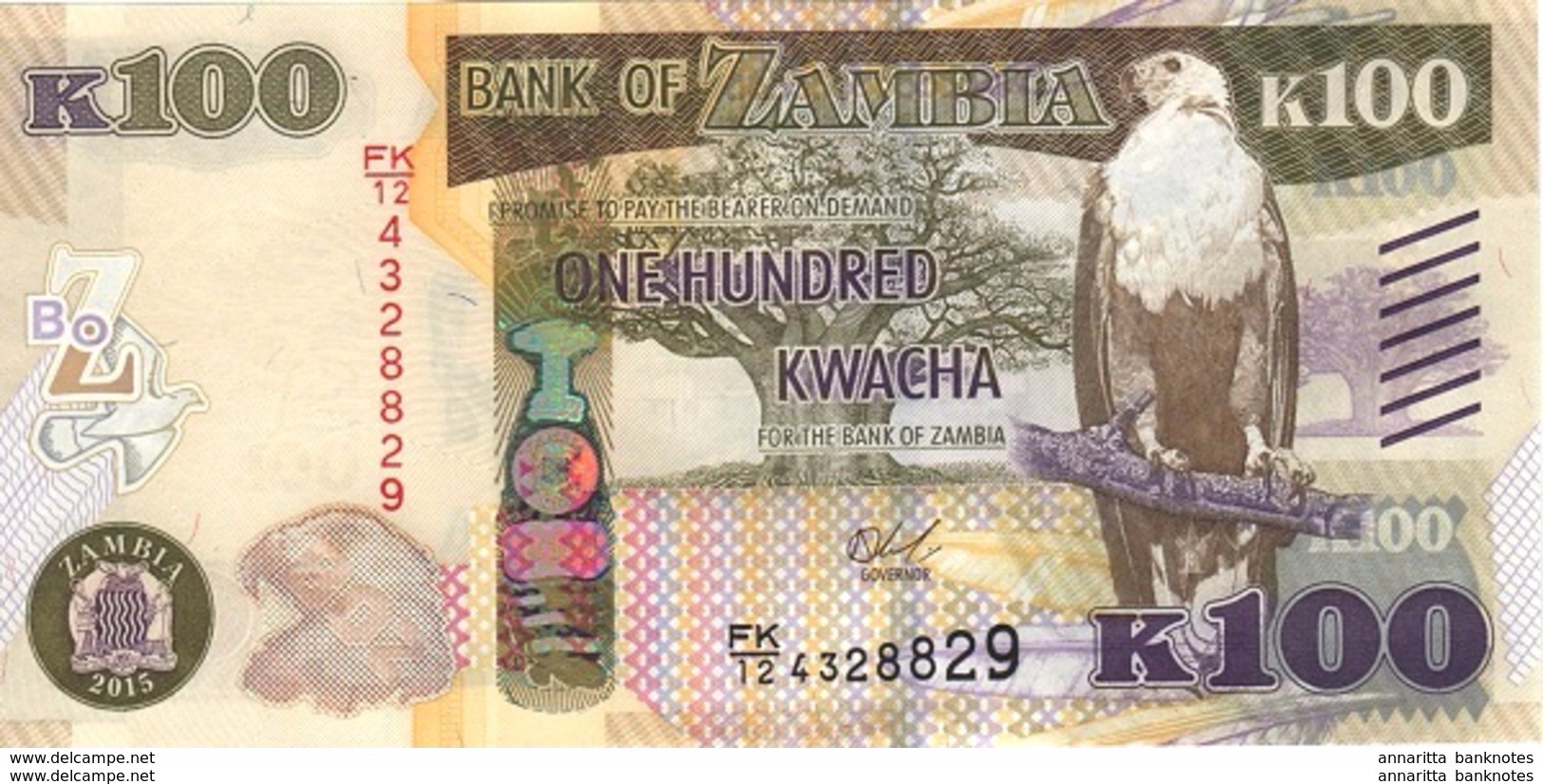 ZAMBIA 100 KWACHA 2015 P-61a UNC WITH DIAGONAL LINES [ZM164a] - Zambia