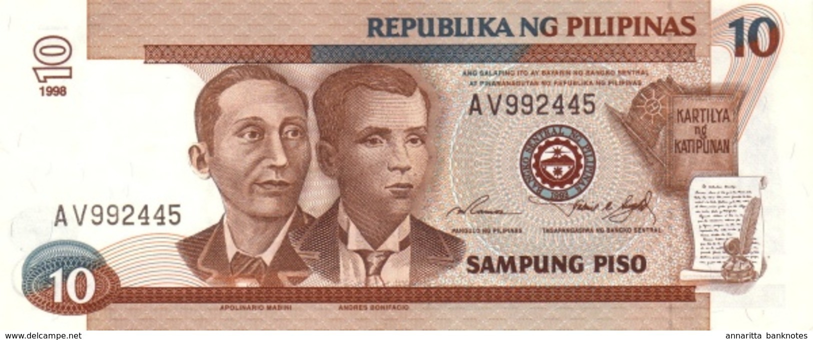 PHILIPPINES 10 PESOS 1998 P-187c UNC WMK: MABINI & BONIFACIO [PH1041c] - Filippijnen