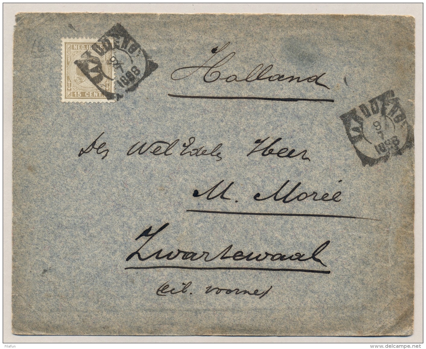 Nederlands Indië - 1898 - 15 Cent Hangend Haar Op Cover Van Bandoeng Naar KR ZWARTEWAAL / NL - Nederlands-Indië