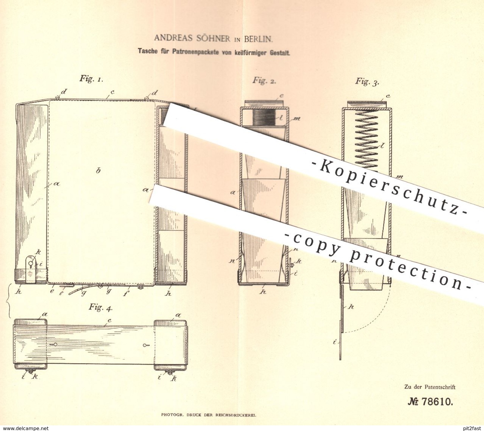 Original Patent - Andreas Söhner , Berlin , 1893 , Tasche Für Patronenpakete | Patronen , Waffen , Gewehr , Revolver !!! - Historische Dokumente