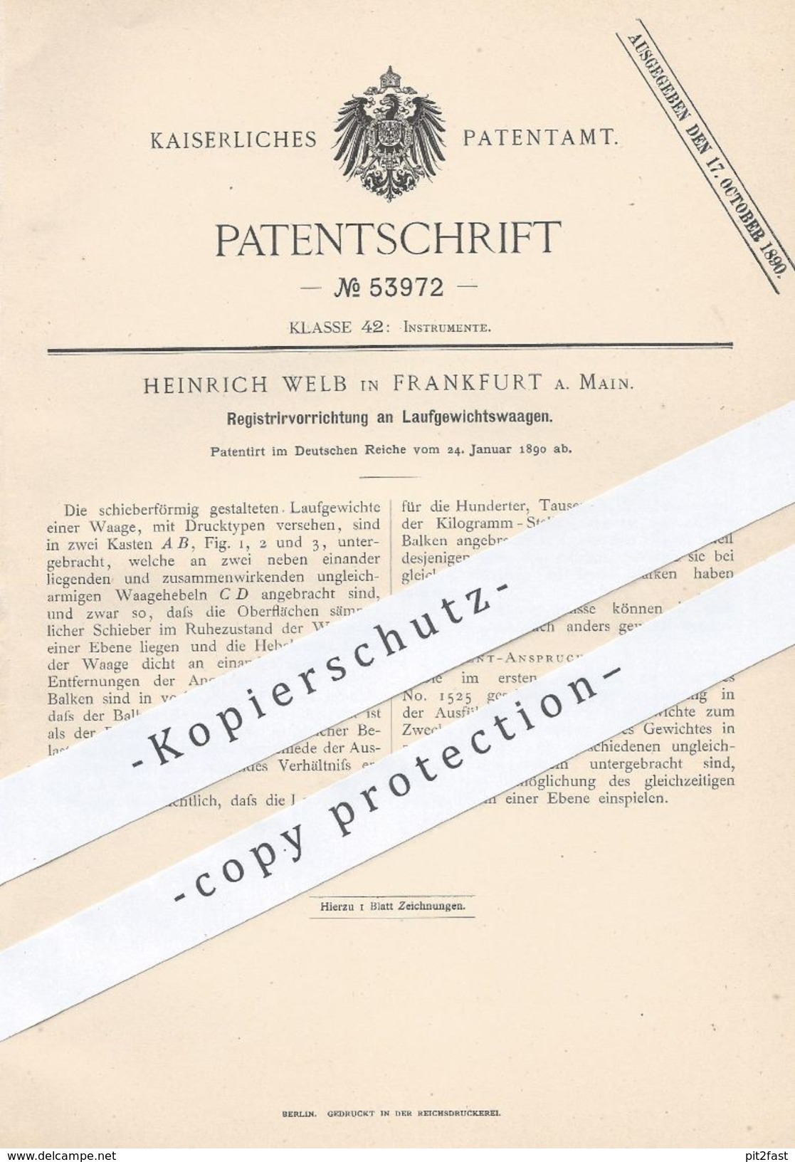 Original Patent - Heinrich Welb , Frankfurt / Main , 1890 , Registrierung An Laufgewichtswaage | Waage , Waagen, Gewicht - Historische Dokumente