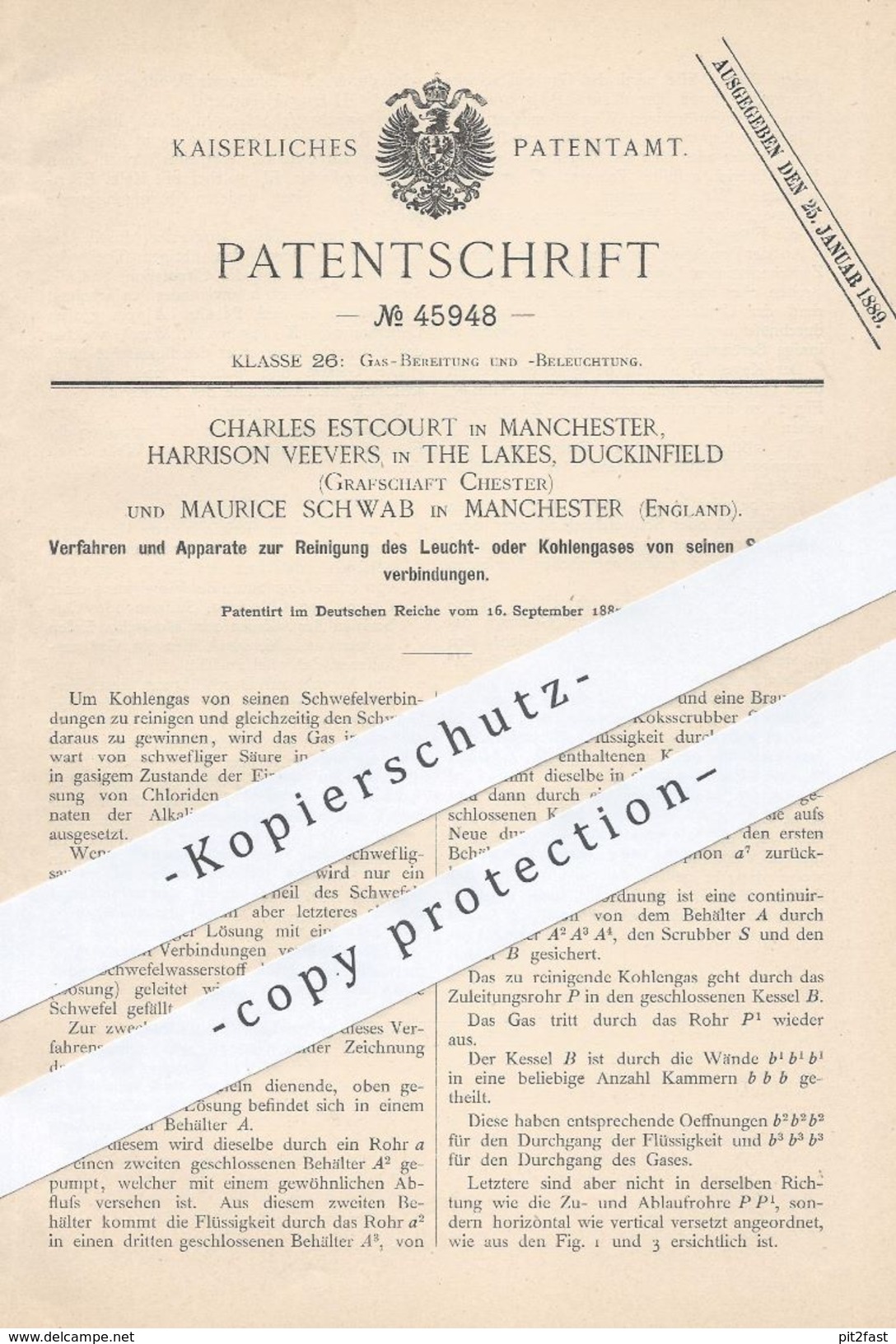 Original Patent - Ch. Estcourt U. Maurice Schwab / Manchester , Harrison Veevers , Lakes Duckinfield | Reinigung Von Gas - Historische Dokumente