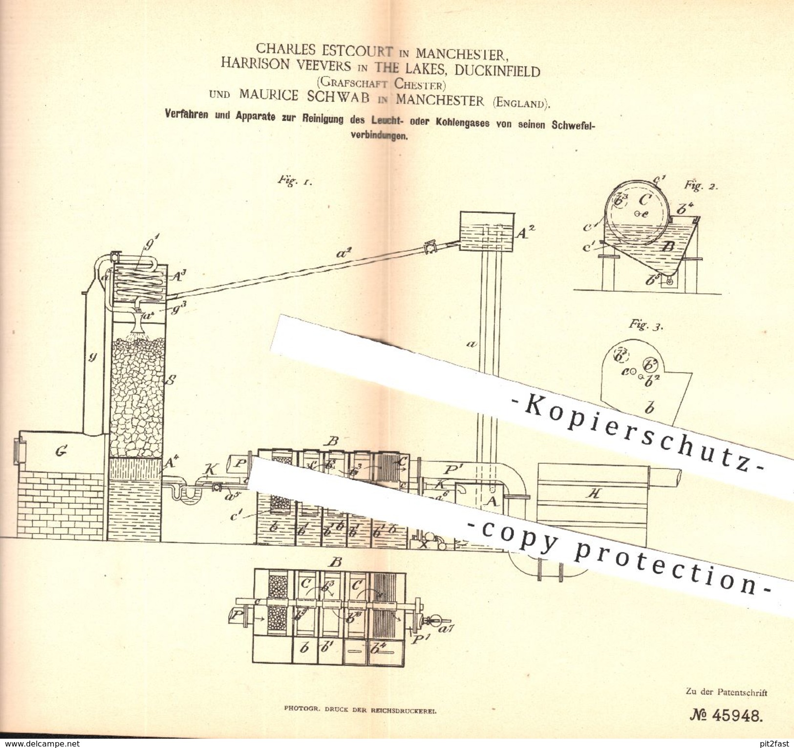 Original Patent - Ch. Estcourt U. Maurice Schwab / Manchester , Harrison Veevers , Lakes Duckinfield | Reinigung Von Gas - Historical Documents