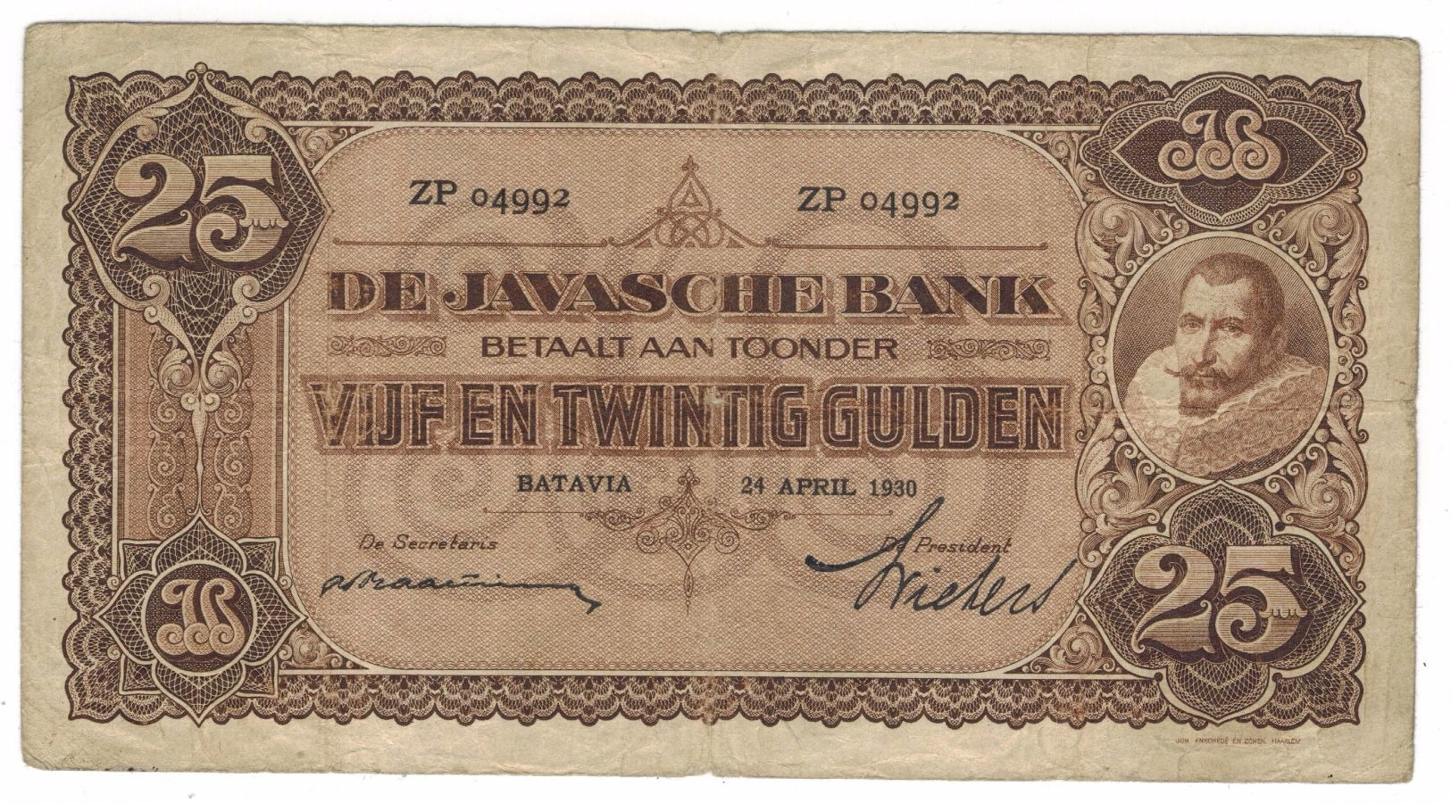 Netherlands Indies 25 Gulden 1930, F, P-71c . Rare. - Indes Néerlandaises