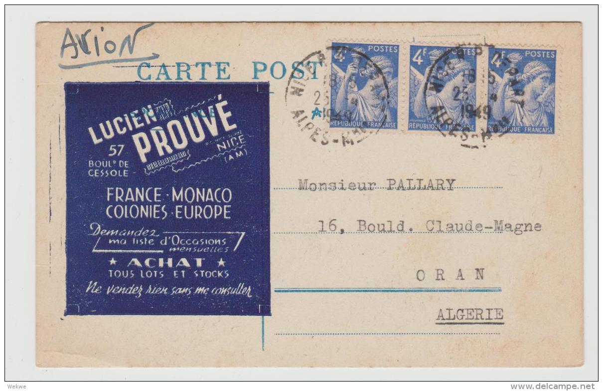 FS854 / FRANKREICH -  Iris Im 3-er Streifen Auf Karte Mit Firmenwerbung Per Luftpost Nach Oran/Algerien 1949 - Covers & Documents