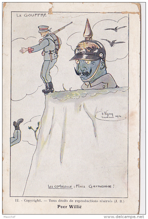 Carte Satirique Illustrée Par Vigny "Le Gouffre" Soldats Allemands, Yeux Bandés, Tombant D'une Falaise - Mauvais état - Lessieux
