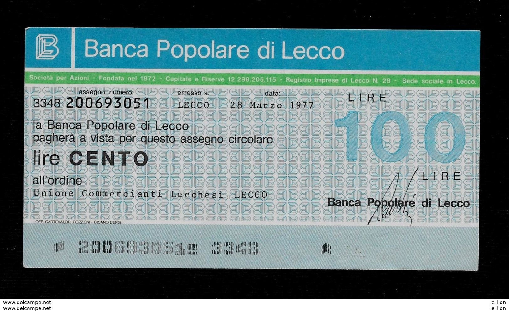 Mini Assegno Mini Assegno BANCA POP LECCO Un. Comm Lecchesi 100 Lire - FDS - [10] Assegni E Miniassegni