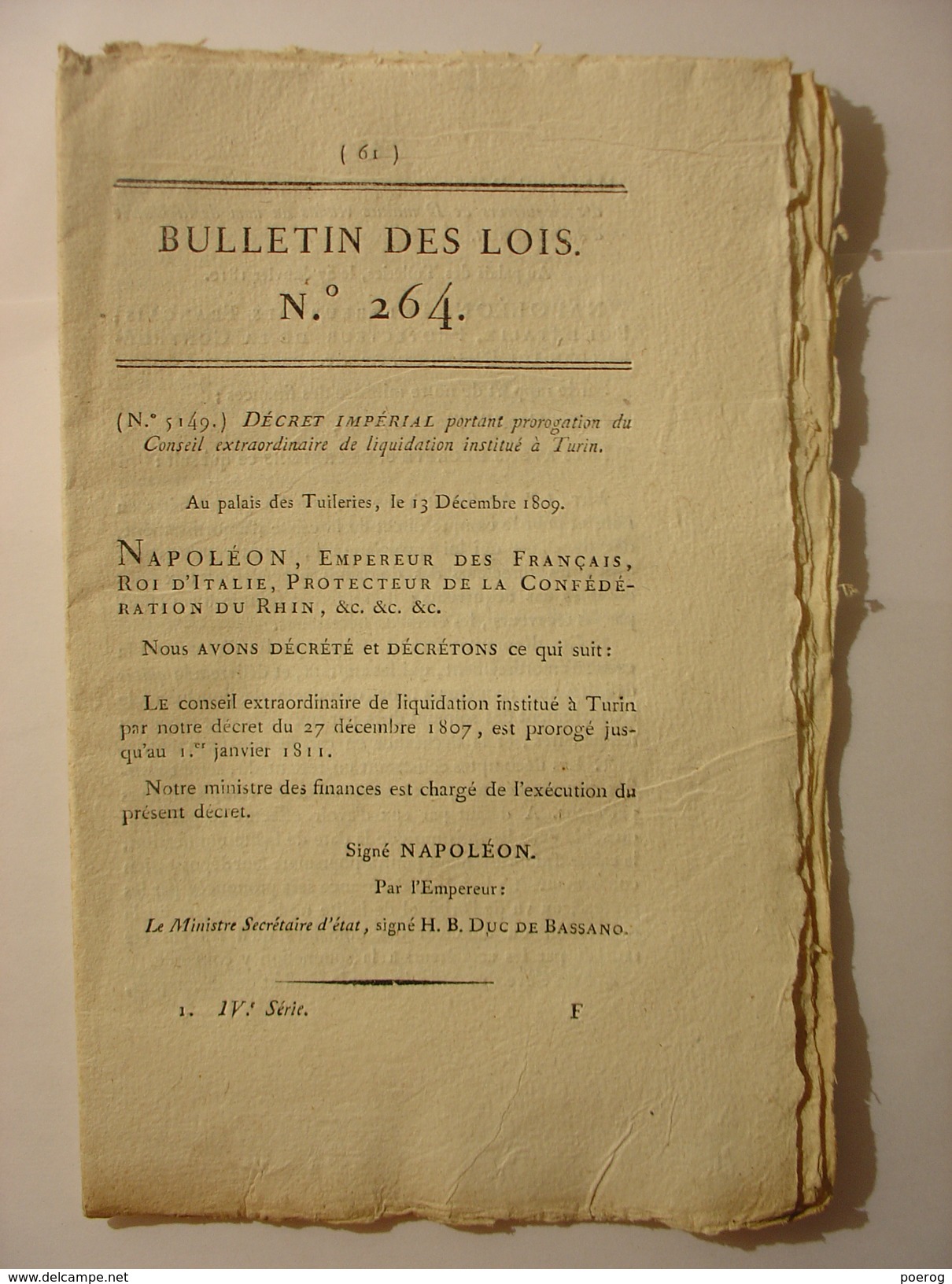 BULLETIN DE LOIS N°264 De 1809 - PONTS ET CHAUSSEES DOUANES REGLEMENT IMPRIMERIE LIBRAIRIE CULTURE TABAC TURIN SCHALLS - Décrets & Lois