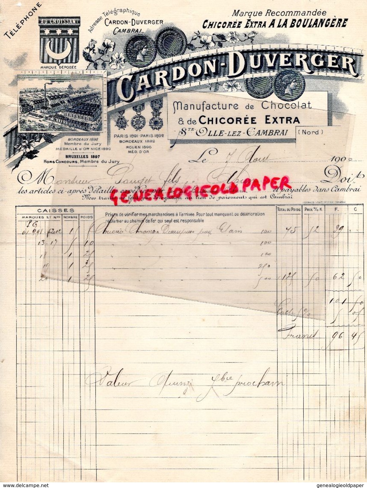59 - SAINTE OLLE LEZ CAMBRAI- BELLE FACTURE CARDON DUVERGER-CHICOREE A LA BOULANGERE- AU CROISSANT- 1900 - Alimentaire