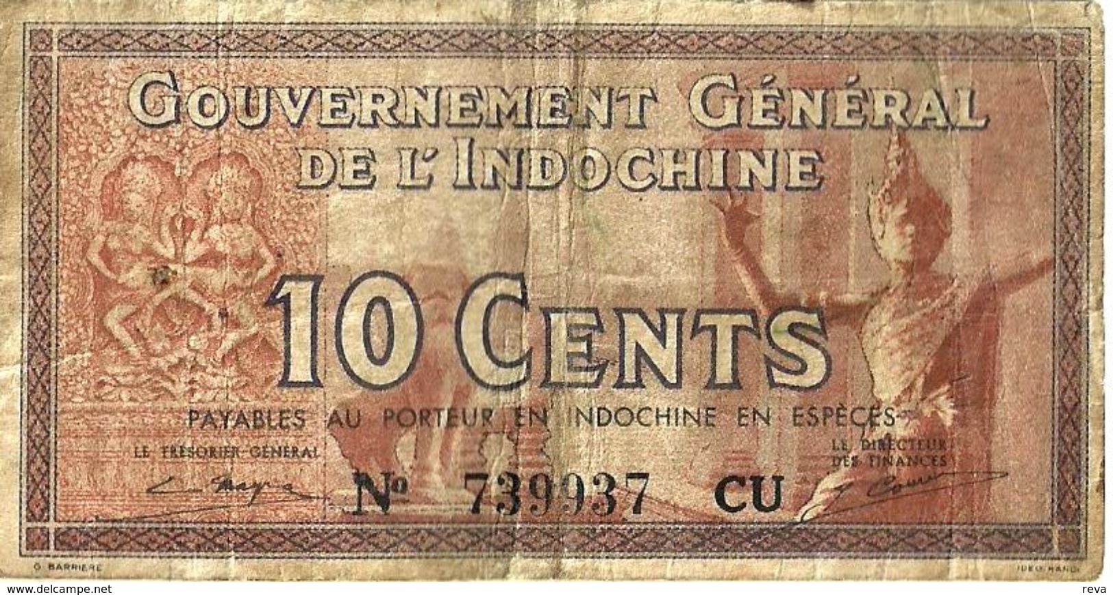 INDOCHINE FRANCAISE 10 CENTS BROWN STATUE FRONT & ELEPHANT ANIMAL BACK SIG.14 ND(1939) P85c F+ READ DESCRIPTION - Other - Asia