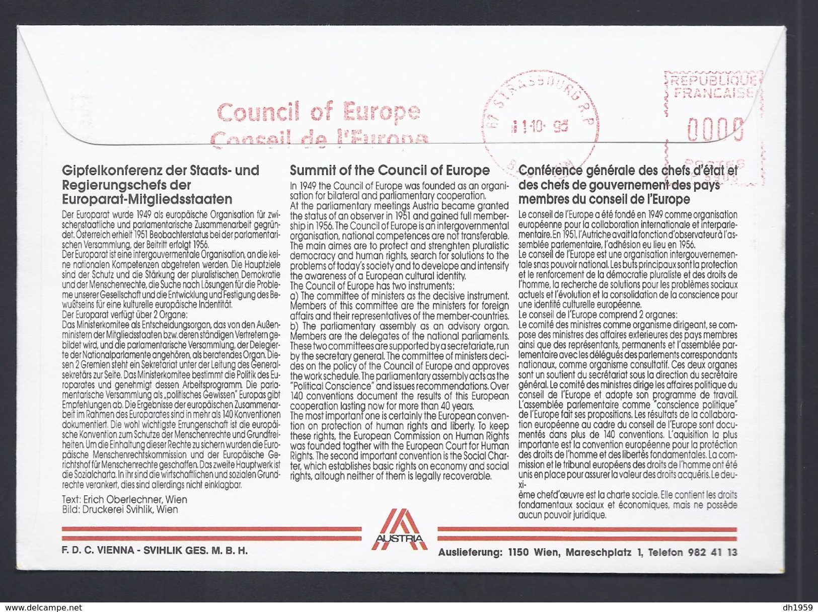 8.10.1983 HUNDERTWASSER AUTRICHE AUSTRIA WIEN VIGNETTE LALUMIERE MARTINEZ CONSEIL EUROPE TIRAGE LIMITE 500ex - Emissions Communes