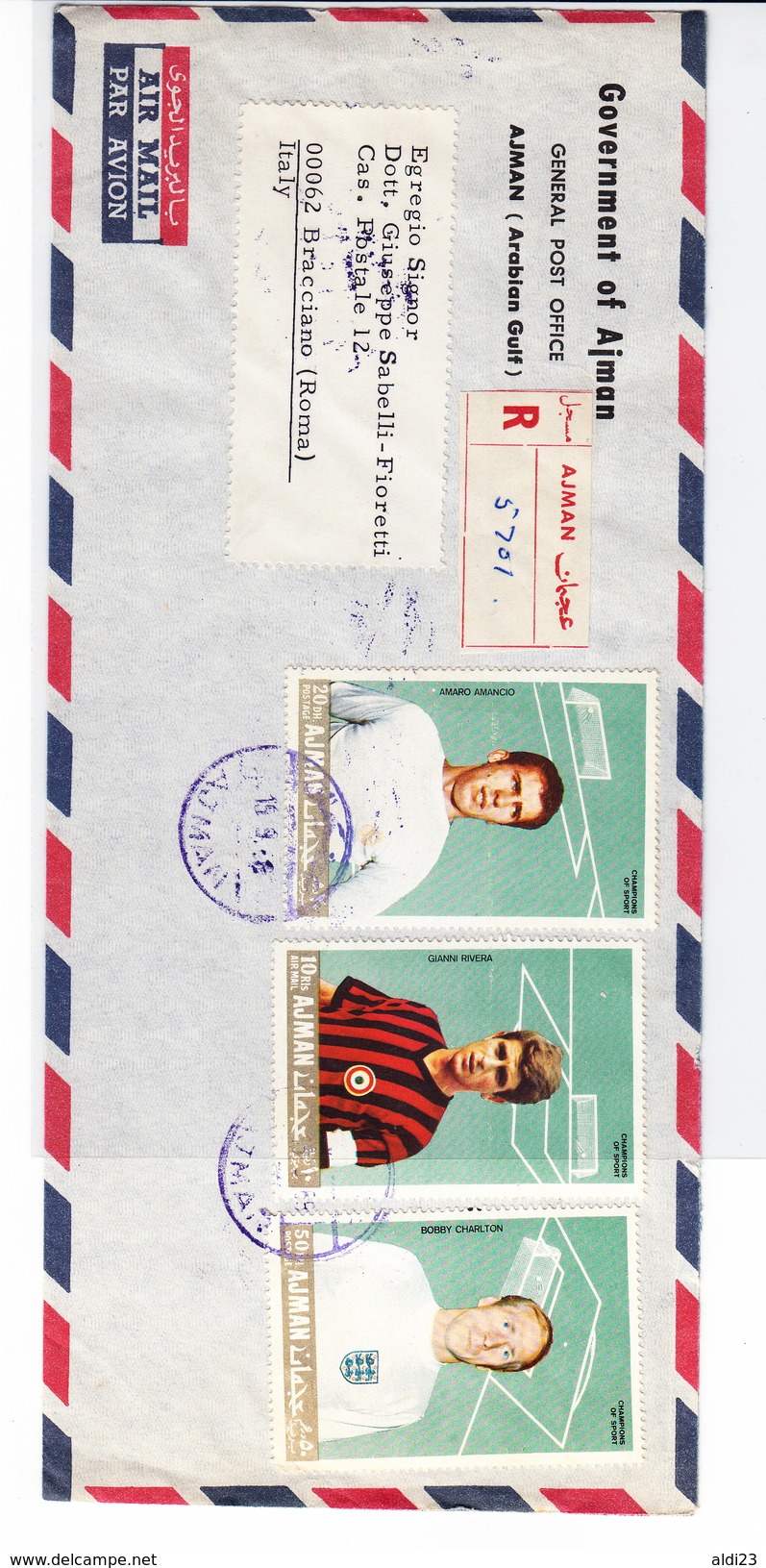 Beautiful Register Air Mail Cover Of Ajman With Stamps "champions Of Sports" - Football World Cup. Rare - Usati